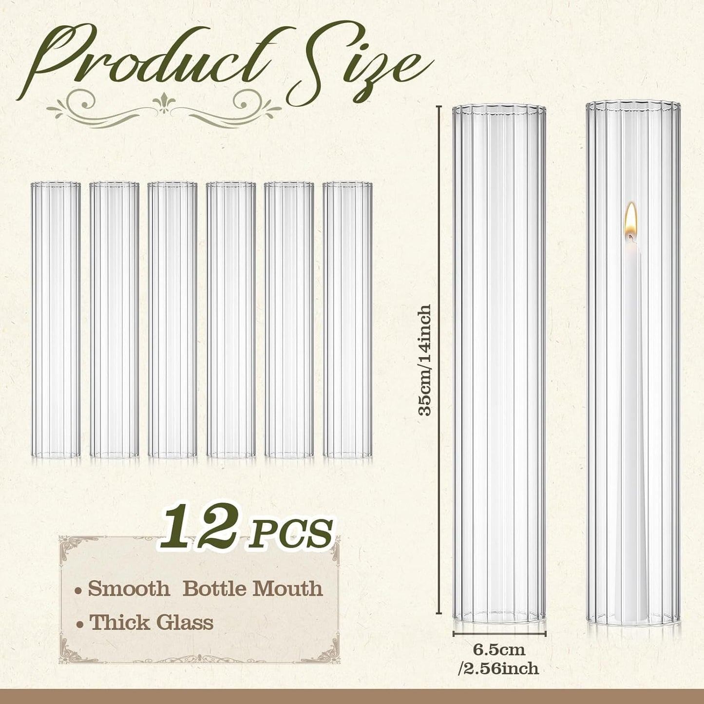 12 Pcs Hurricane Glass Candle Holders 2.5 x 14 Open Ended Tube Ribbed Shade Bottomless Chimney Cylinder Taper Candle Cover for Wedding Anniversary Table Centerpiece