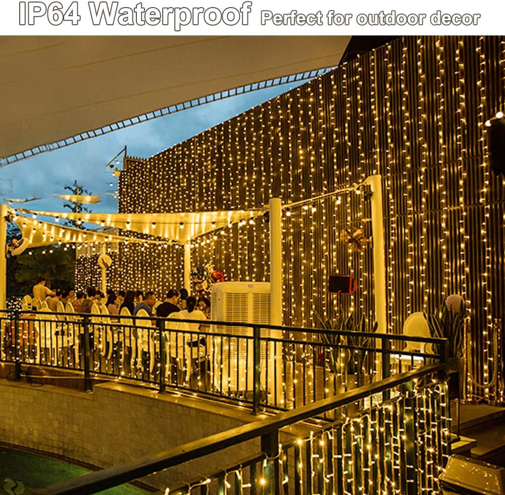 YEOLEH String Lights Curtain,7.9 x 5.9Ft 144LEDs USB Powered Fairy Lights for Bedroom Wall Decor,8 Modes & IP64 Waterproof Ideal for Outdoor Indoor Home Garden Party Holiday Halloween Room,Warm White