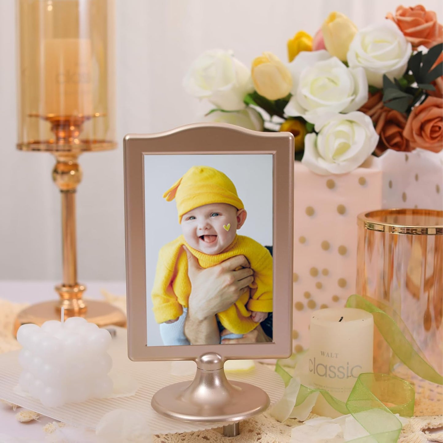 NahNah Double Sided Standing Picture Frames - (Gold, 10 Count) 4x6 Inch, Plastic Pedestal Photo Frame with Inserts and Base - 2 Sided Tabletop Vertical Display Frame for Wedding Table Bridal