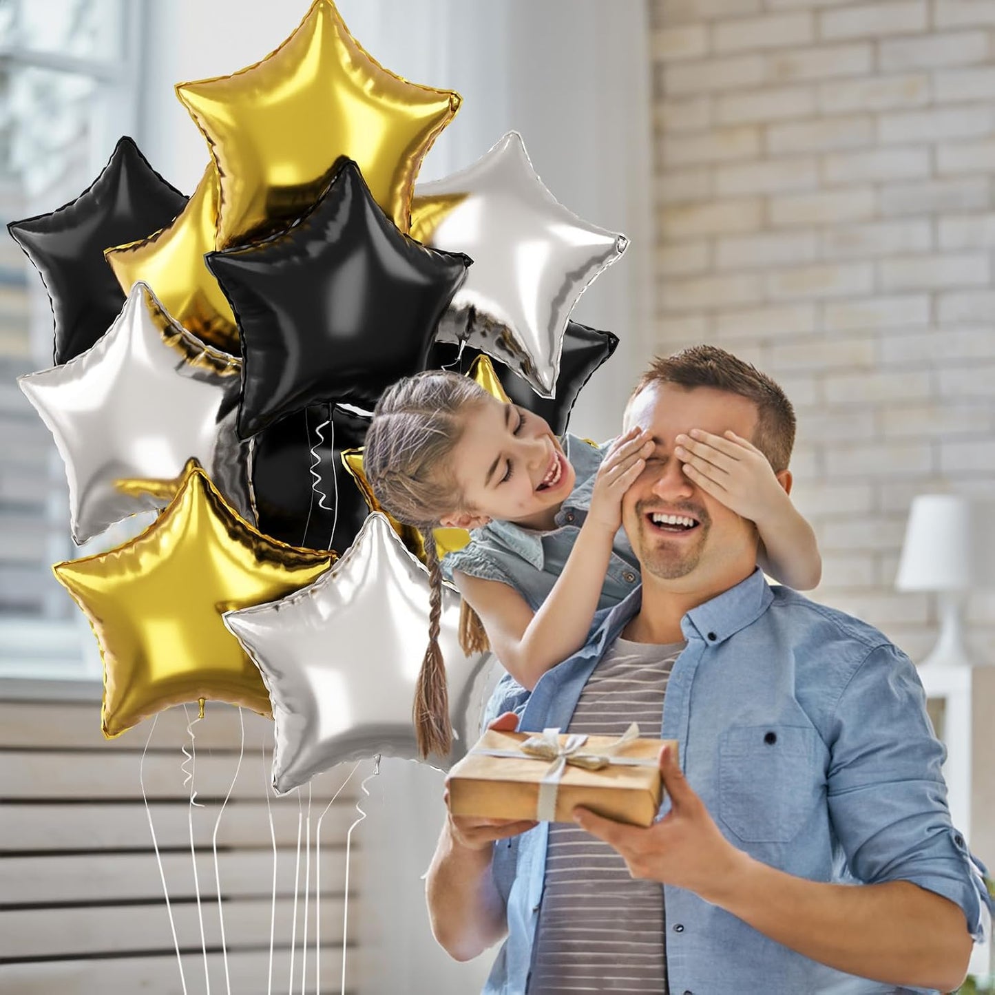 Black Gold Star Foil Balloons, 18 Inch 12Pcs Silver and Black Pentagram Aluminum Foil Balloon, Black Gold Party Decorations for Birthday Graduation New Year Wedding Retirement Casino Theme Party