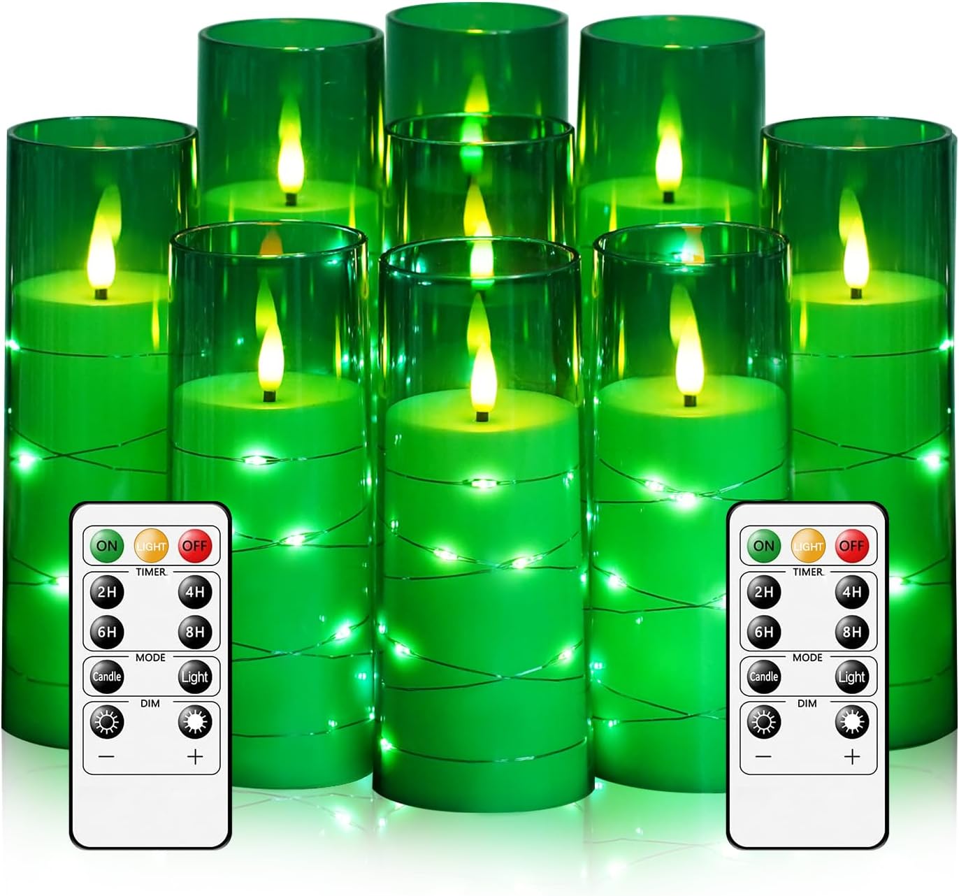 Flameless LED Candles with Timer 9 Pc Flickering Flameless Candles for Romantic Ambiance and Home Decoration Stable Acrylic Shell,with Embedded Star String，Battery Operated Candles（Green）
