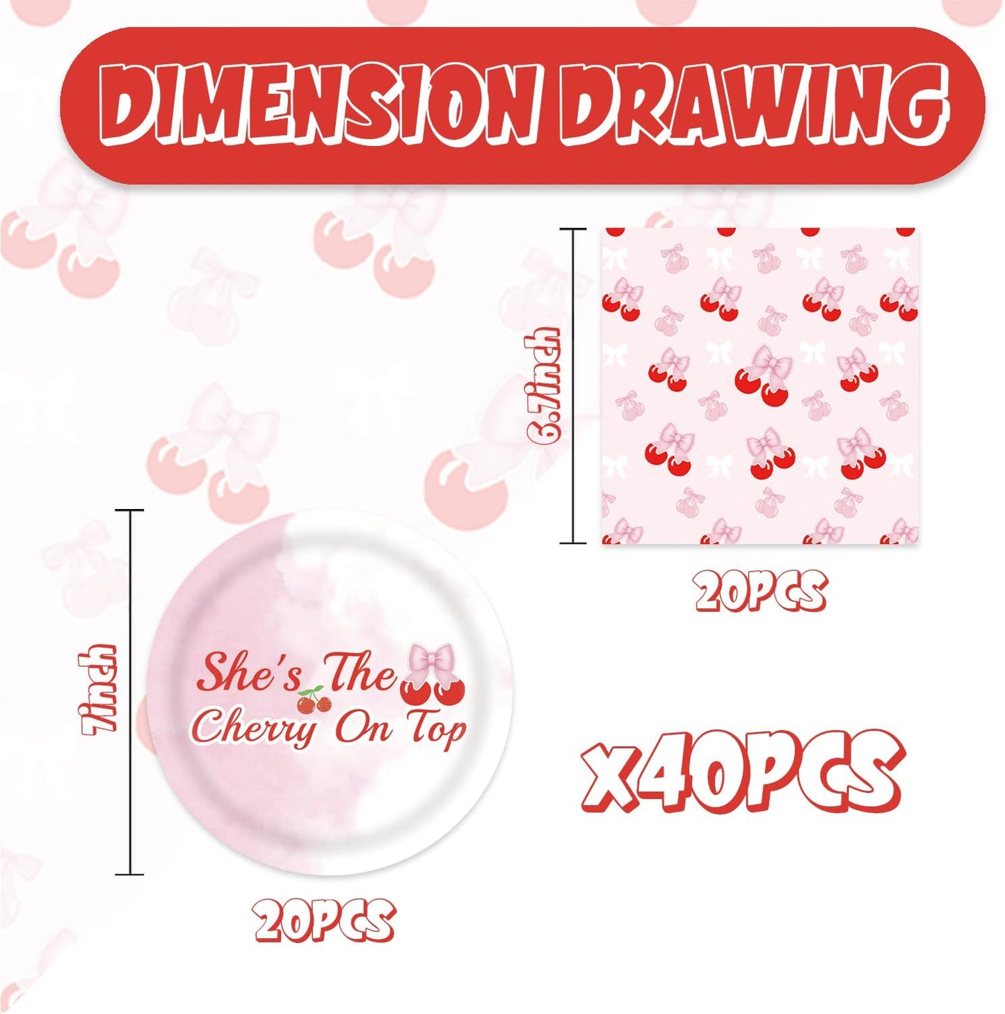 40pcs Cherry Birthday Decorations Bow Cherry Themed Plates and Napkins for Fruit Cherry Theme Birthday Baby Shower Table Decorations,for 20 Guests