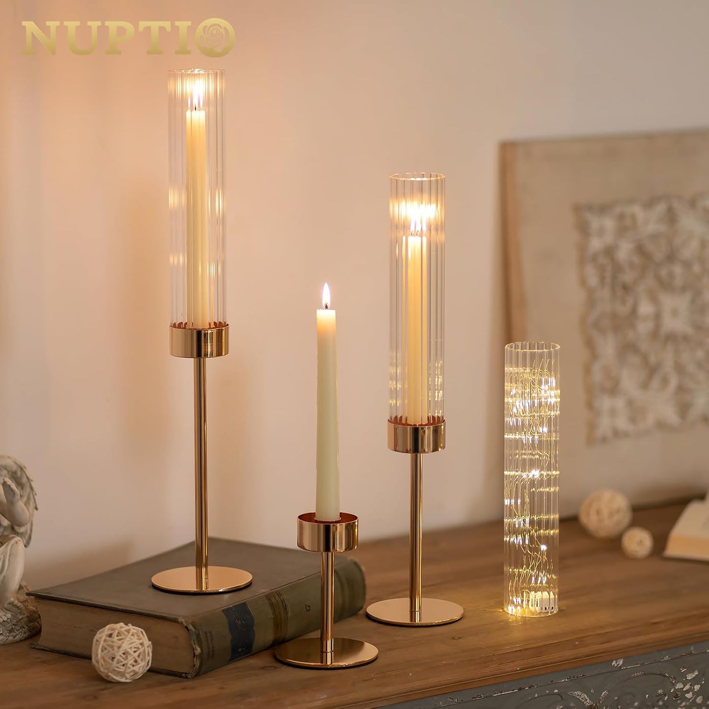 NUPTIO Tall Candlestick Holders for Centerpiece: Hurricane Candle Stick Holders with Ribbed Glass Sleeve - Gold Metal Candleholder Set of 3 for Table Fireplace Living Room Decor