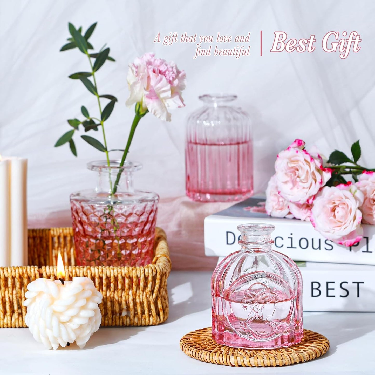 Pink Glass Bud Vases Set of 12, Mini Flower Vase for Centerpieces, Small Vases in Bulk for Wedding Decorations, Vintage Vase for Table, Home Décor