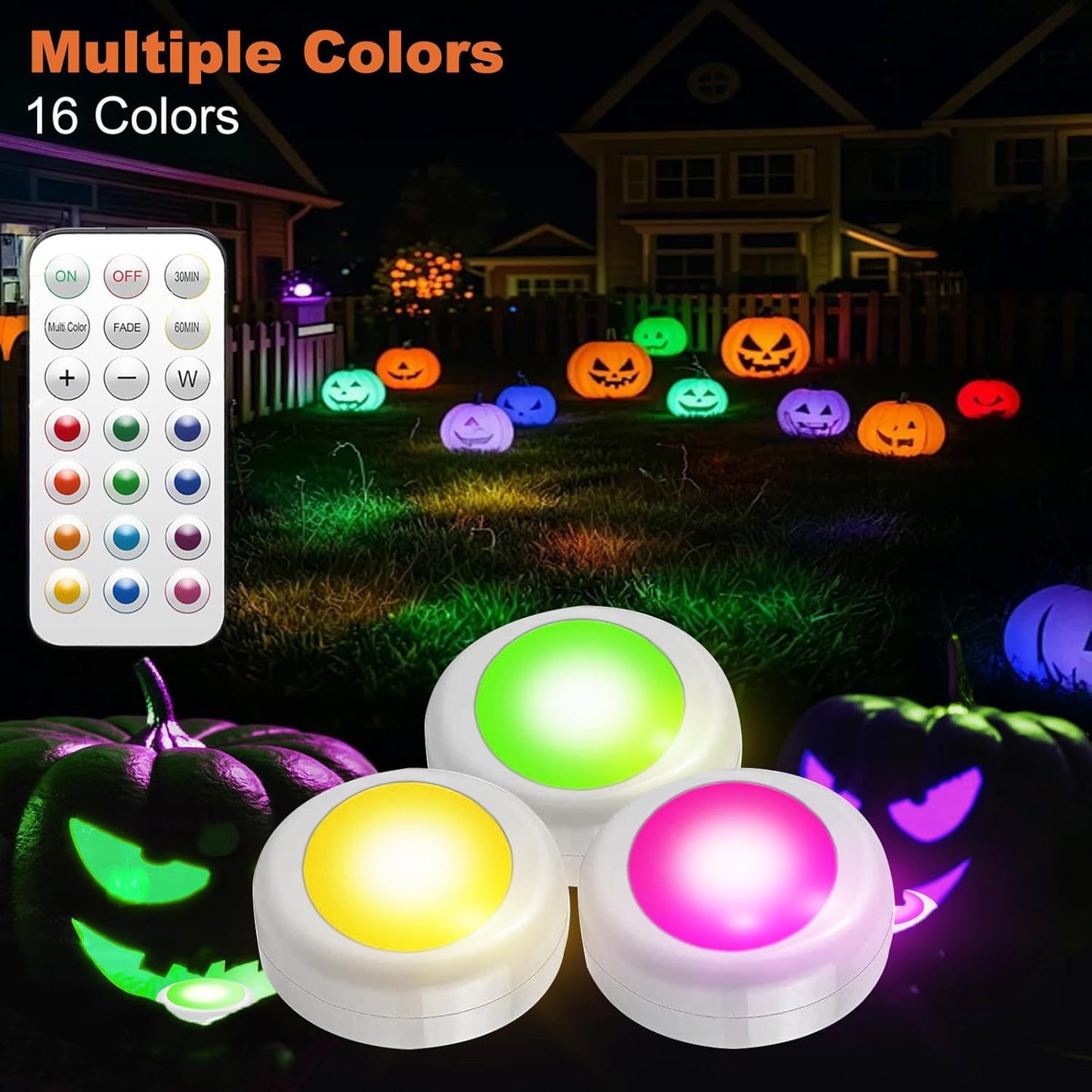 LED Color Changing Pumpkin Lights with Timer Control, Colored Puck Light Battery Operated, 16 Multi Colors LED Cabinet Light, Under Counter Lights, Valentine Day Holiday RGB Decoration Candles