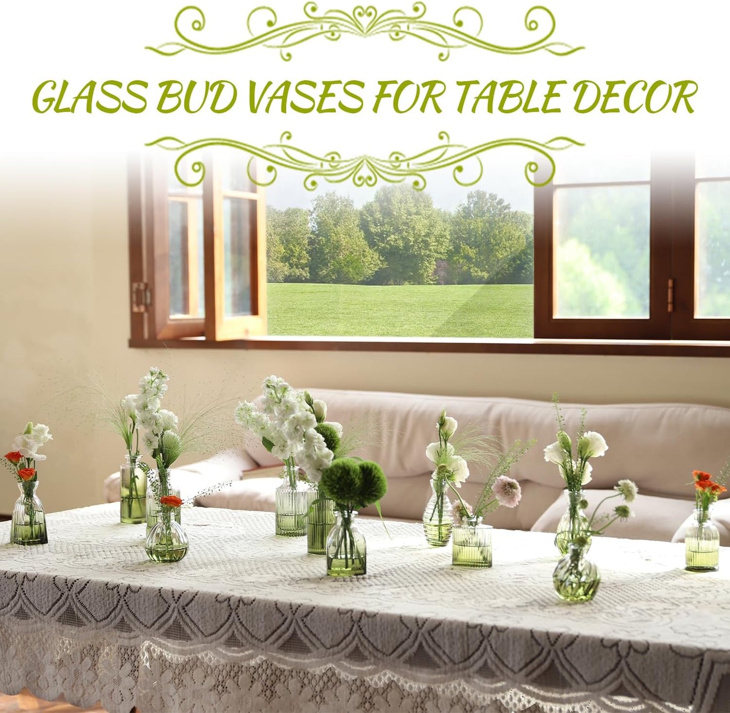 Green Bud Vases Set of 12, Green Glass Vase for Decor, Small Vases for Flowers Ribbed Flower Vase Stripe Bud Vases in Bulk Wedding Birthday Bridal Shower Centerpieces Home Table Decoration