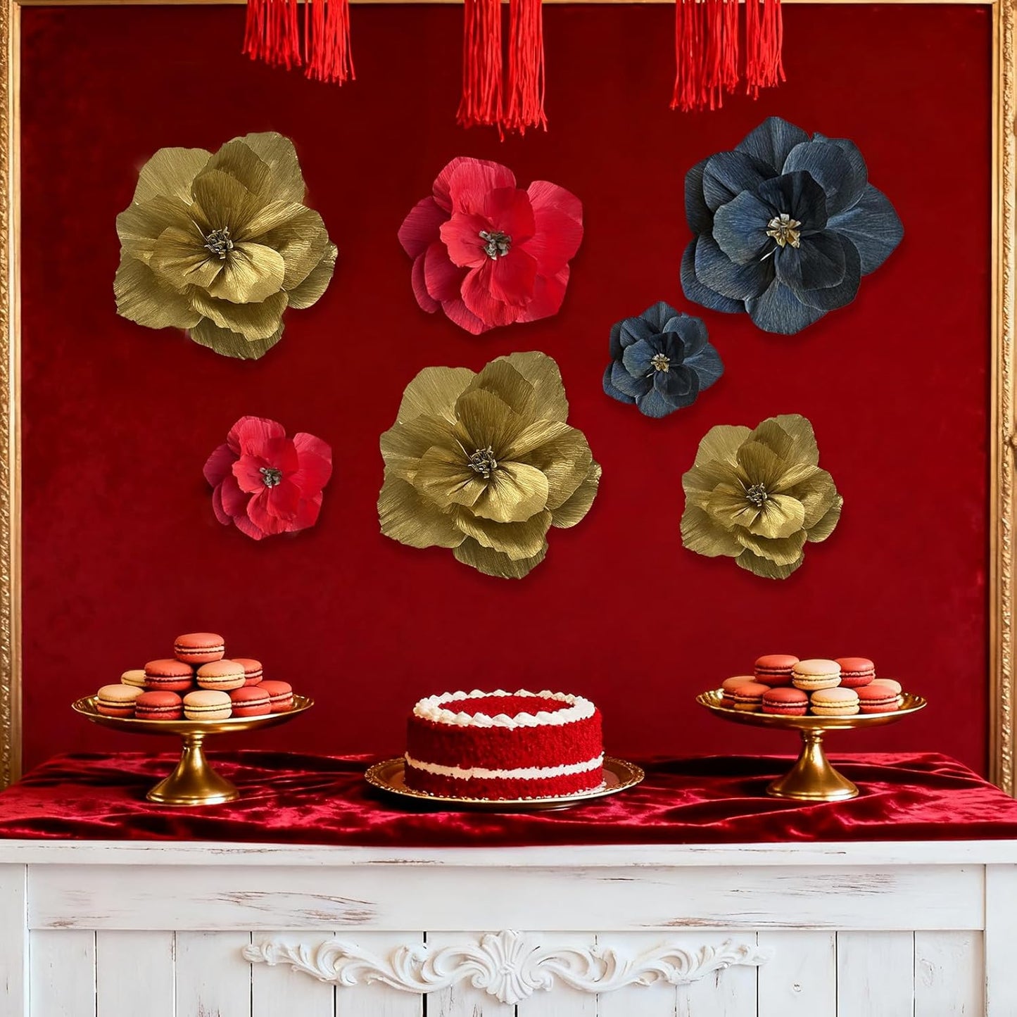 BRT Bearingshui Crepe Paper Flowers Decoration for Wall Total 9 Pcs, Artificial Flowers Backdrop for Wedding Decor Baby Bridal Shower Birthday Party, Red Gold Black 3D Wall Flowers Decor