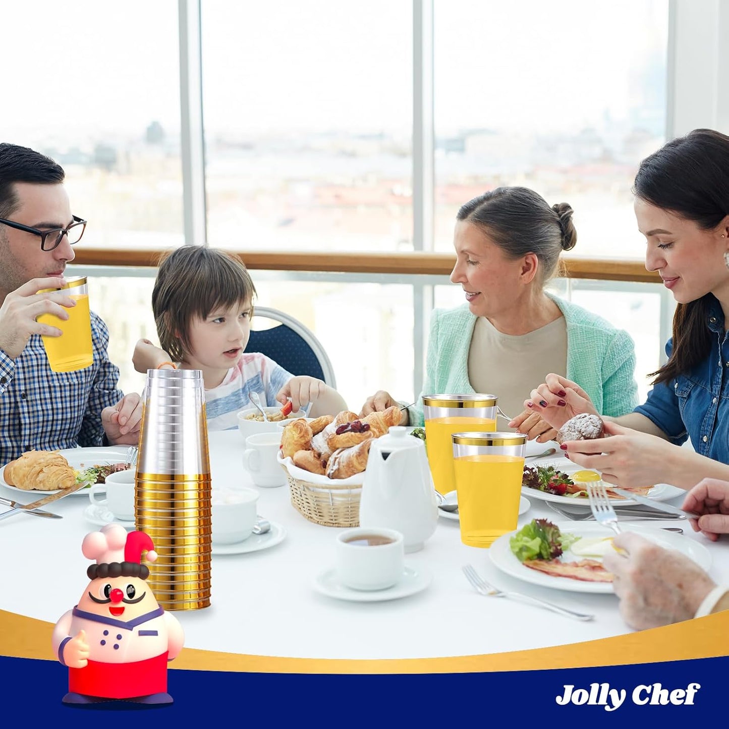 JOLLY CHEF 200 Pack 12 oz Gold Plastic Cups Elegant Gold Rimmed Disposable Cups Heavy-Duty Party Cups for Wedding & Party