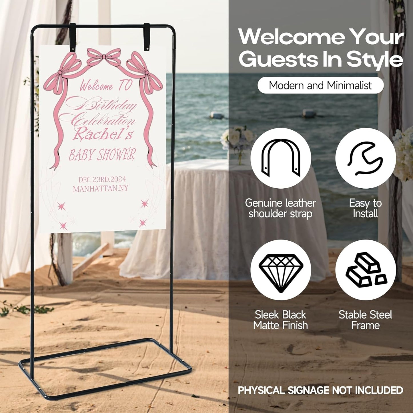 Wedding Sign Stand - Adjustable Wedding Sign W/Design Bundle & Leather Sign Hanging Straps, Durable Metal Easel Stand for Wedding Welcome Signs, Seating Charts, Ceremony & Reception Decor (Black)