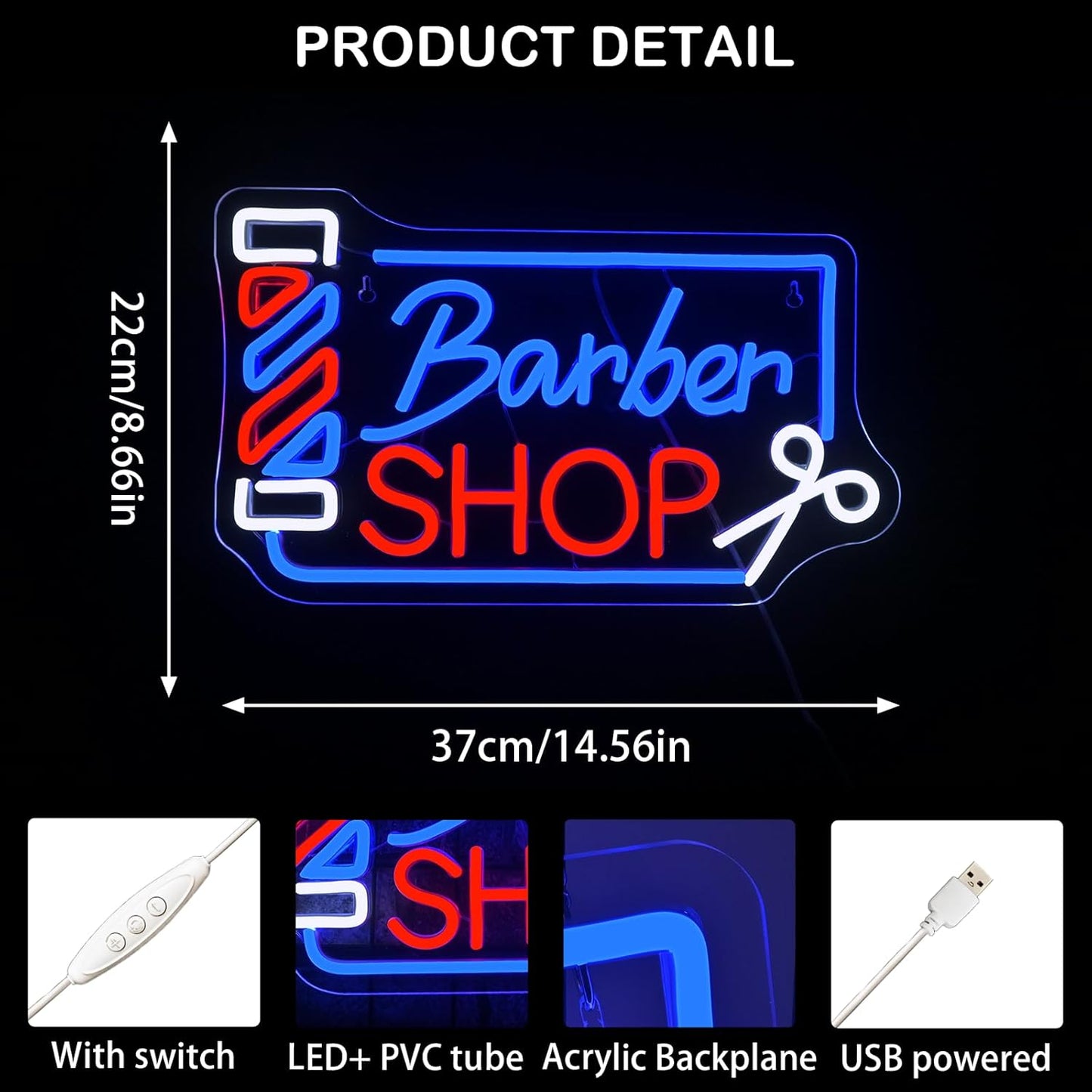Looklight Barber Shop Neon Sign Dimmable Barber Pole Led Signs for Wall Decor Salon Station Neon Light Sign for Pole Hair Salon Accessories Business Store Supplies Usb Powered 14.56"X8.66"