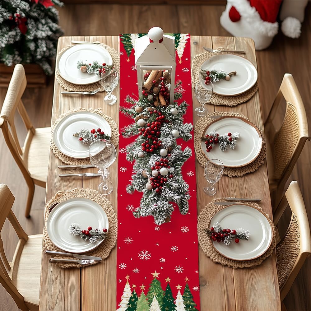 GEEORY Christmas Table Runner 13x120 Inch, Xmas Trees Snowflakes Holiday Decorative Farmhouse Table Decoration for Kitchen Dinning, Indoor Outdoor Dinner Party Decor (Red) GT150-120