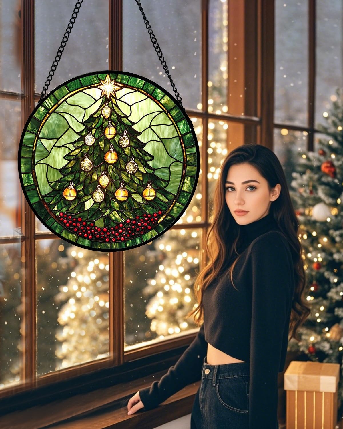 Stained Glass Window Hanging - Green Christmas Tree Golden Bells Suncatcher for Doors Home Christmas Decoration Sun Catcher Thanksgiving New Year Birthday Gift for Women Men Mom Nana 6.3 in
