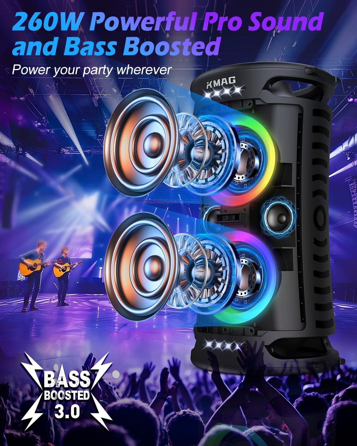 Large Bluetooth Speaker, 260W Peak Powerful Loud Sound with Deep Bass, 15Hr Playtime, Fast Charge, TWS, Cool Lights, Portable Outdoor Speaker Wireless for Party, Camping, Beach, Backyard, Home, Work