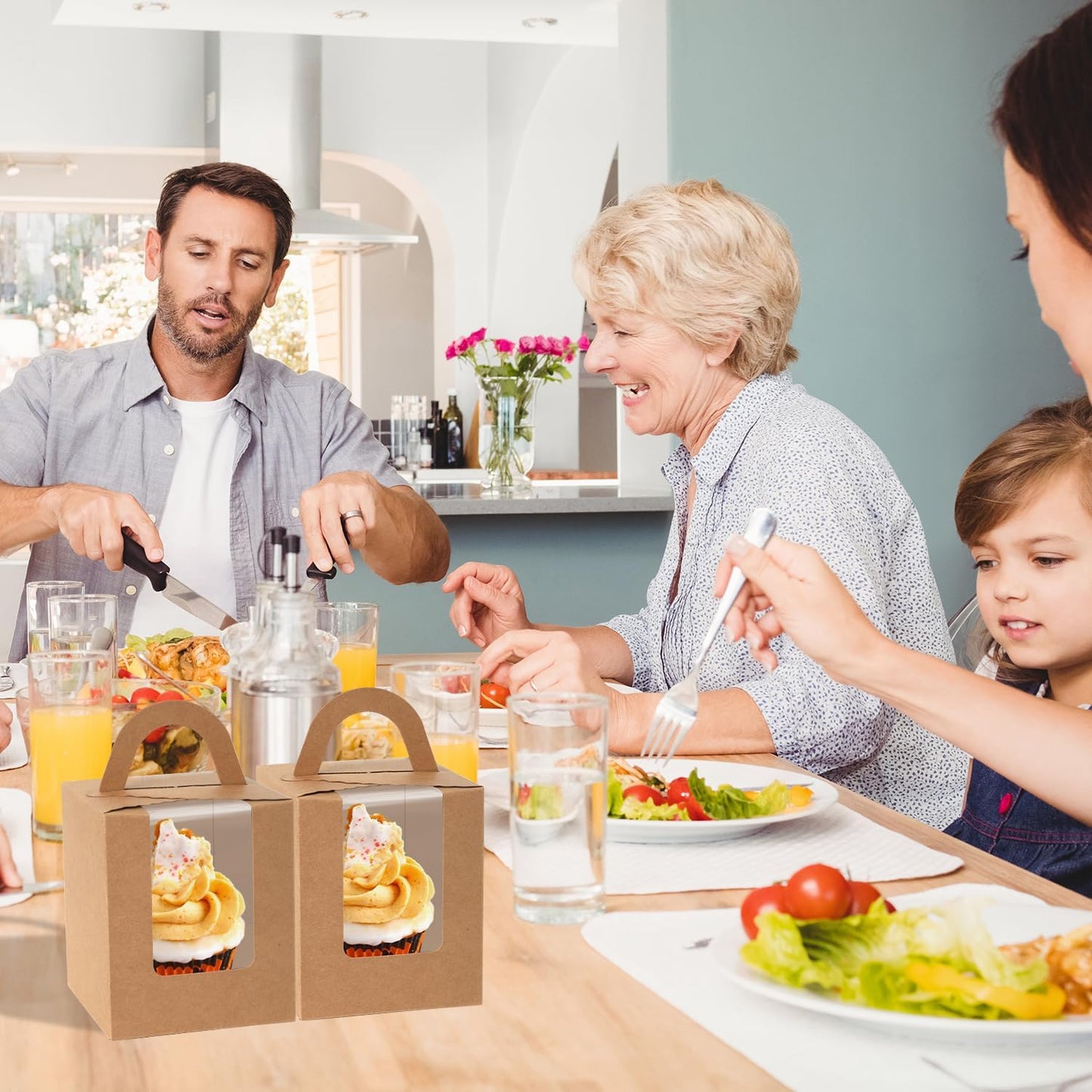 JCD Cupcake Boxes Kraft Paper, 120pcs Portable Cupcakes Holder Containers,Individual Cupcake Container Brown with Window Insert and Handle, Pastry Box Muffins Holder for Bakery Wrapping (Brown/120Pcs)