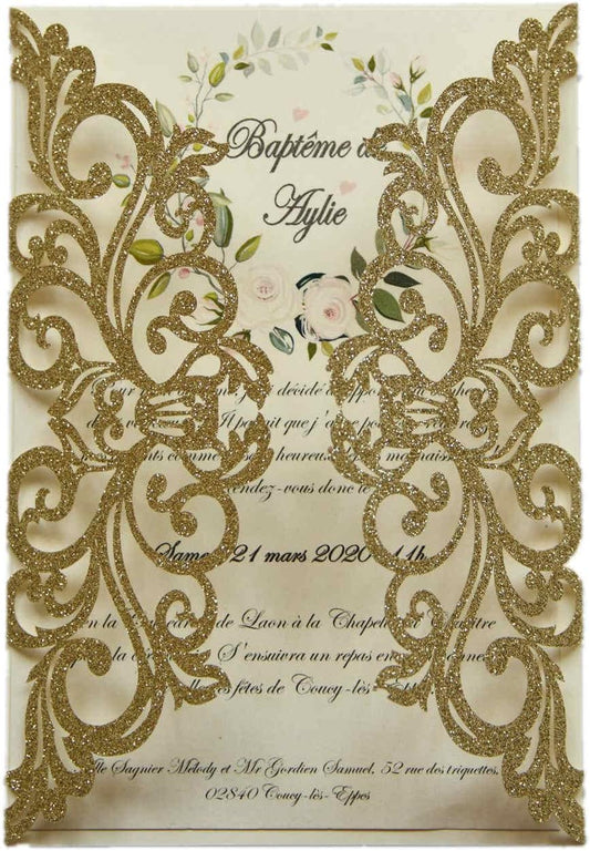 25PCS Champagne Gold Glitter Laser Cut Wedding Invitations Cards with Envelopes,Blank Inner Sheets,Ribbons for Wedding Bridal Shower Quinceañera Engagement Birthday Invites, champagne glitter