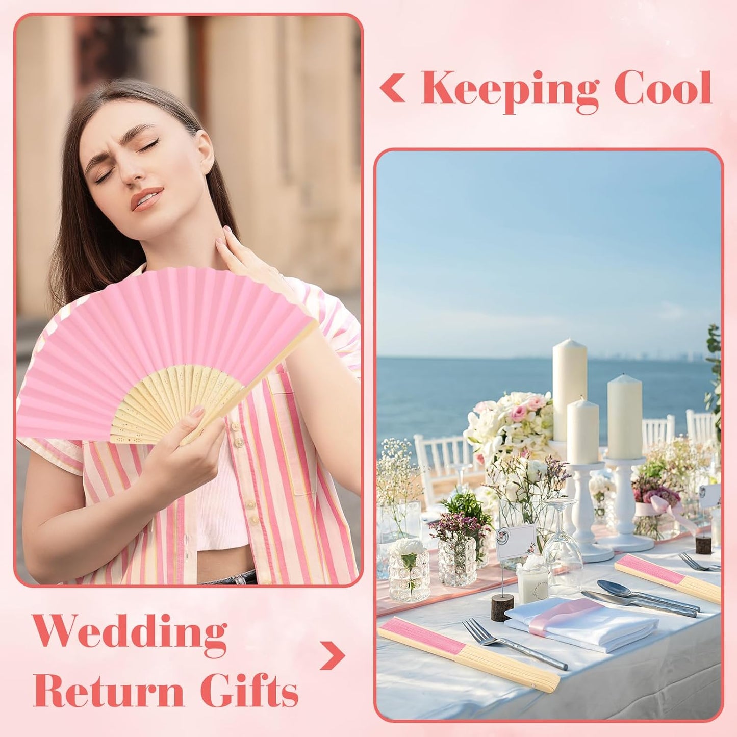 6 Pieces Pink Hand Held Bamboo Folding Fans Foldable Paper Fans Handheld for Women Girls Wedding DIY Decoration Church Home Party Favors Summer