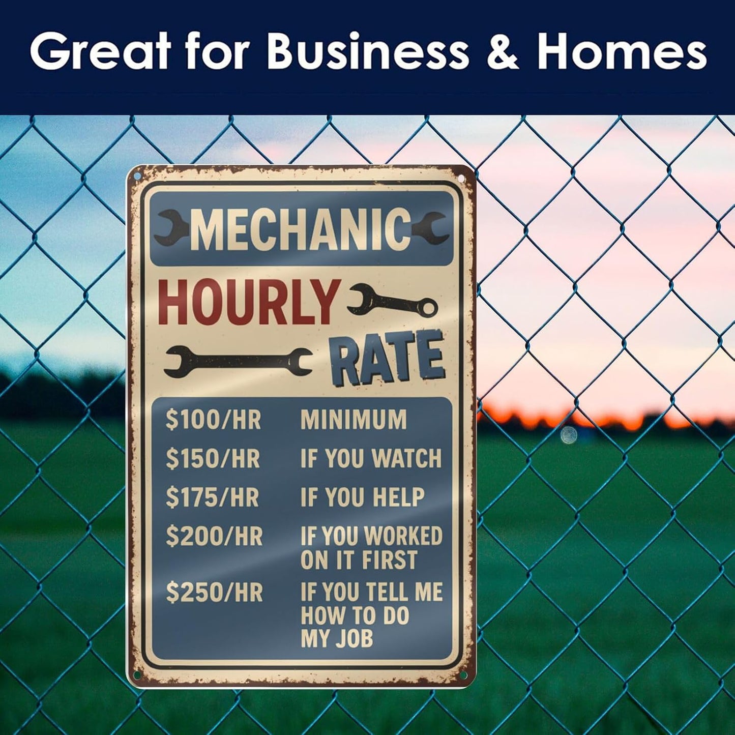 Funny Mechanic Hourly Rate Tin Sign - Vintage Metal Wall Decor for Garage, Auto Shop, or Man Cave - Hilarious Gift for Mechanics & Car Lovers 8"x12"