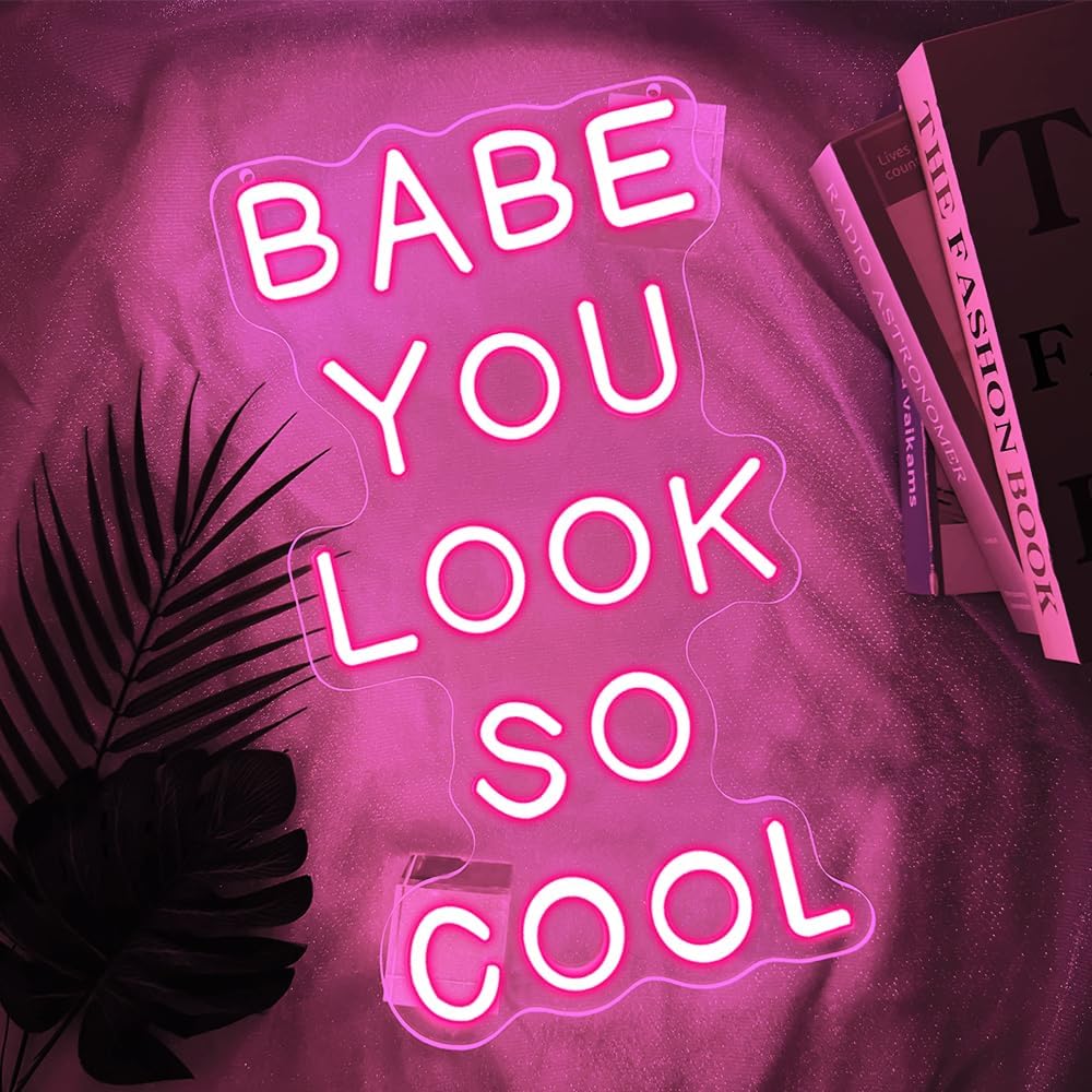 Babe You Look So Cool Neon Sign,Pink Dimmable LED Light Signs for Wall Art Decor,Backdrop for Game Room Bar Bedroom Club Party Man Cave,Gift for Boys Teen Men USB Powered（14.2"*8.4"）