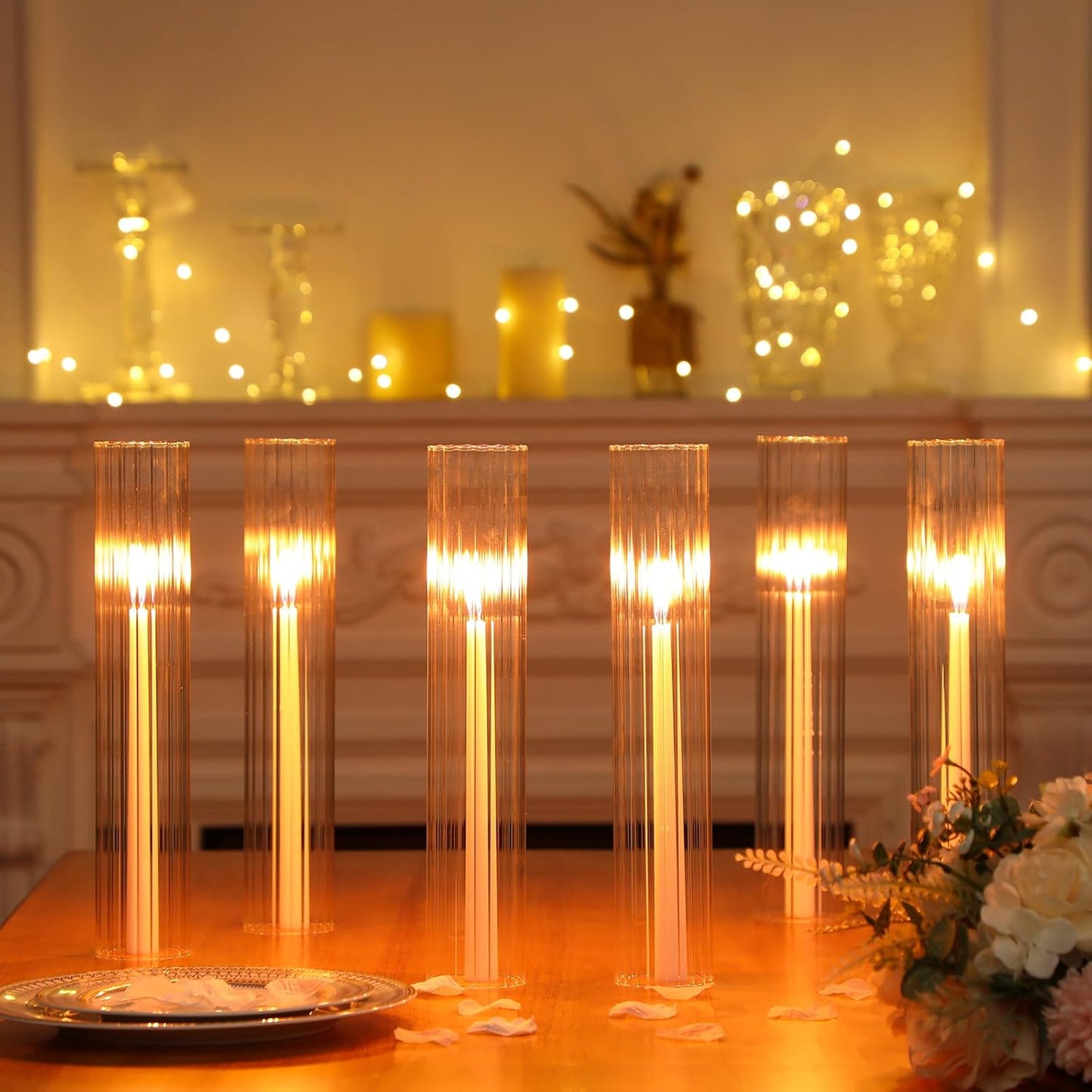 12 Pcs Hurricane Glass Candle Holders 2.5 x 14 Open Ended Tube Ribbed Shade Bottomless Chimney Cylinder Taper Candle Cover for Wedding Anniversary Table Centerpiece