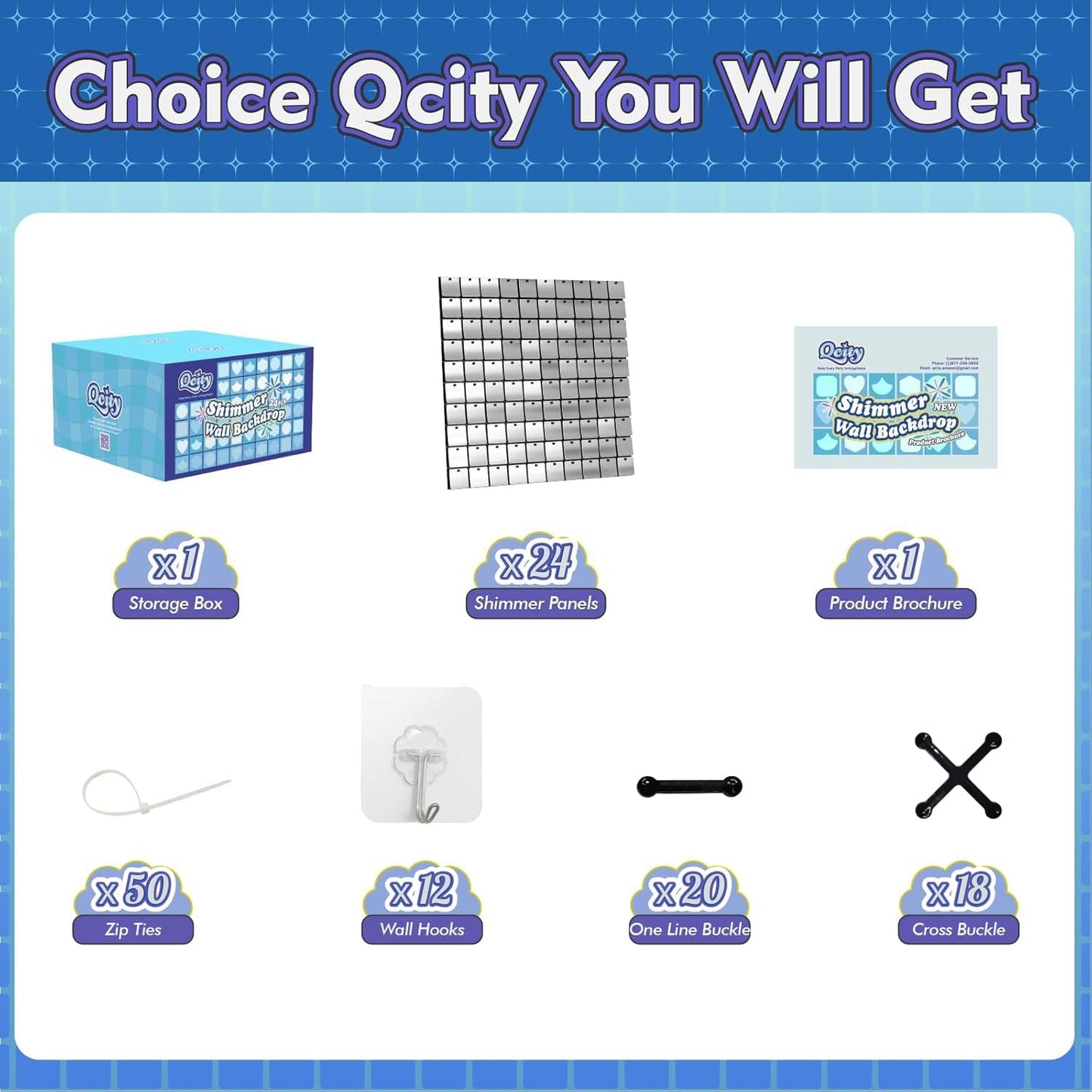 Qcity Silver Shimmer Wall Backdrop 24PCS, Black Back Not See-Through Design, Square Sequin Glitter Backdrop Panel, Perfect for Outdoor Events, Birthdays, Wedding and Party Decoration