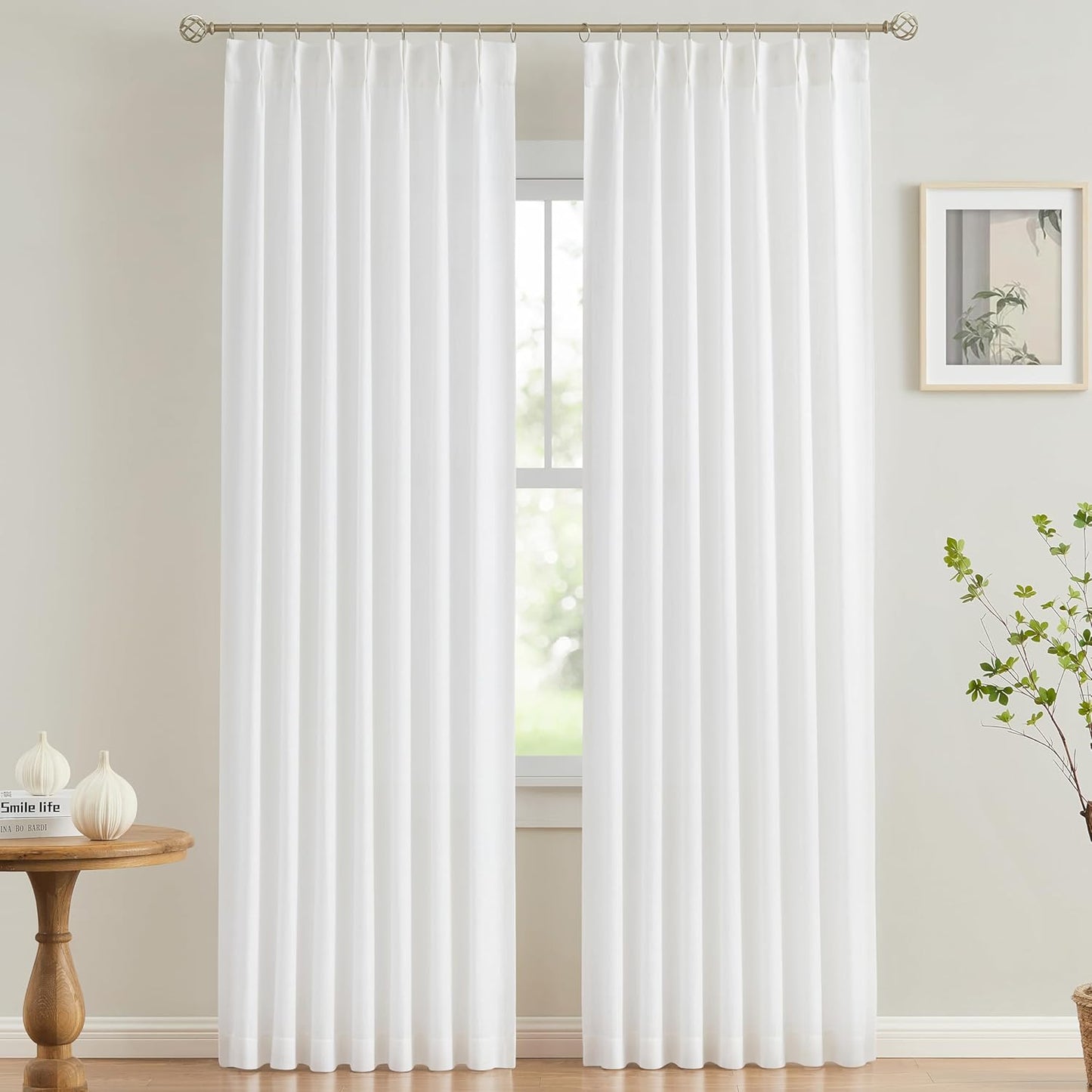 Vision Home White Pinch Pleated Semi Sheer Curtains Textured Light Filtering Window Curtains 102 inch for Living Room Bedroom Rayon Blended Pinch Pleat Drapes with Hooks 2 Panels 40" Wx102 L