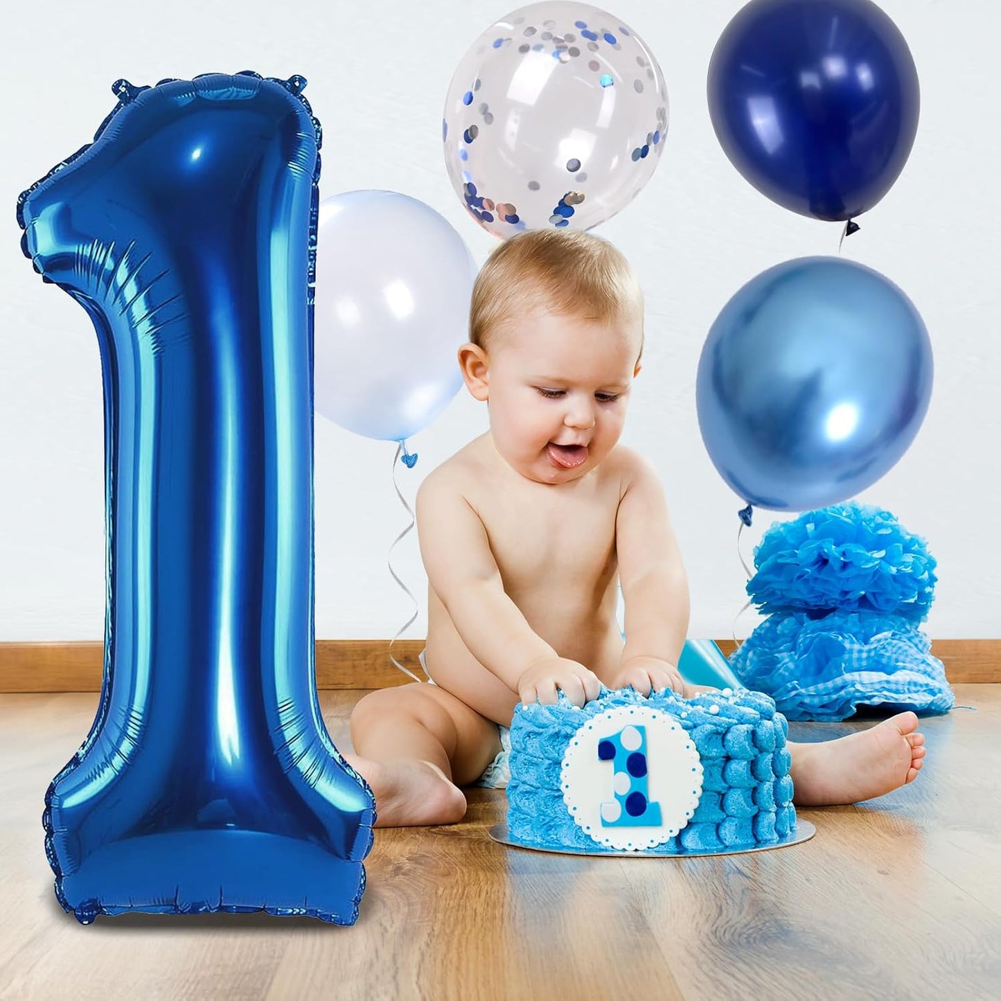 Dark Blue Number 1 Balloon 40 Inch, Large Balloon 1 with Metallic Light Navy Blue Silver Confetti Balloon, Self Inflating Helium Foil One Balloons for Boys 1st Birthday Party Baby Shower Decorations