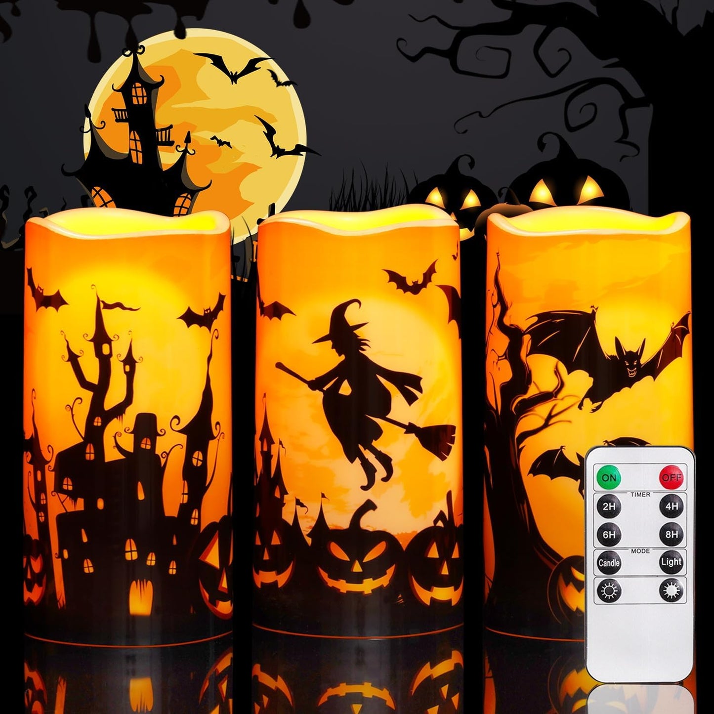 Homemory Halloween Candles, Orange Flameless Candles, Outdoor Waterproof Printed Decals Battery Operated LED Pillar Candles with Remote Timers for Fall Festival Spooky Decor, 3”x6”, Plastic, Set of 3