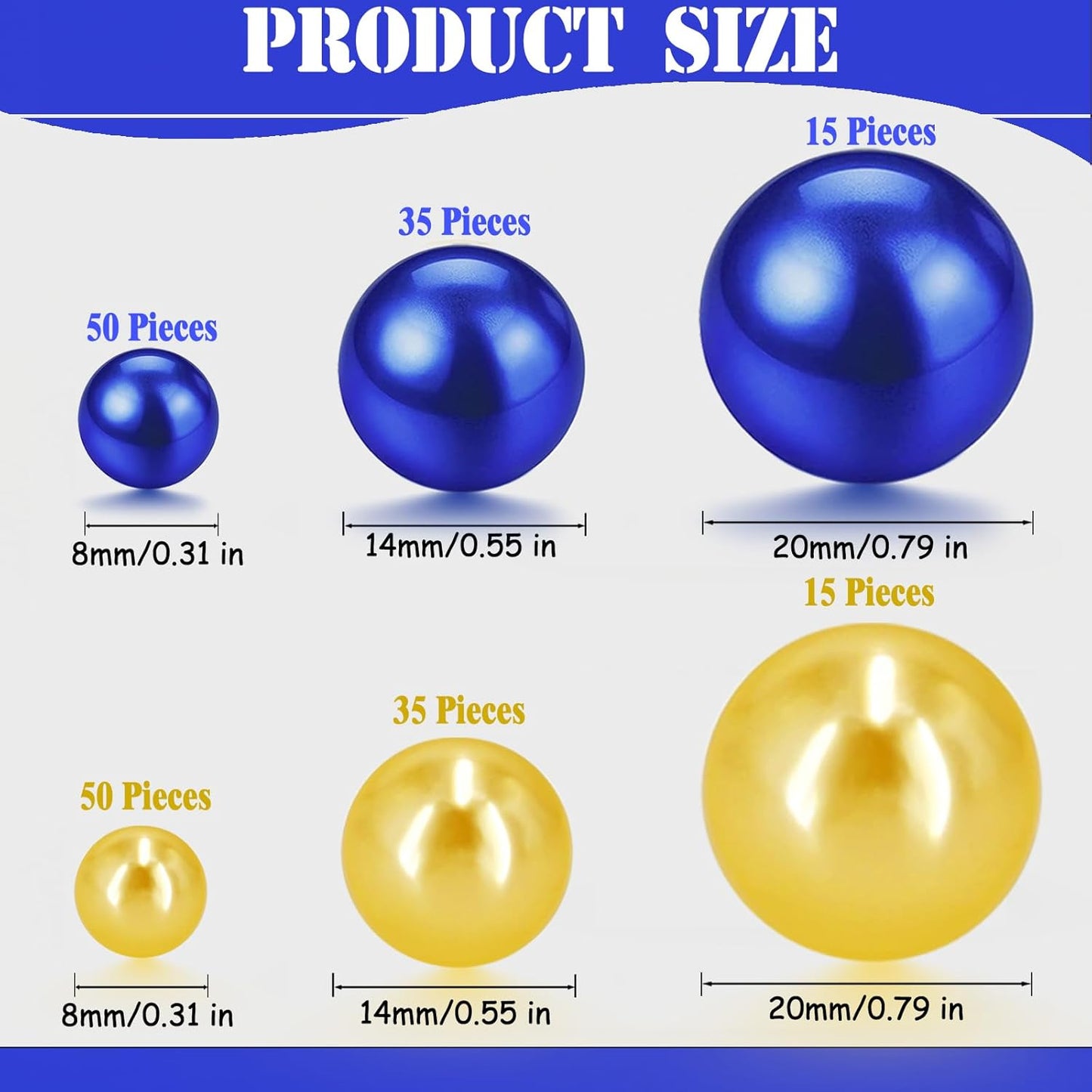 200 Pcs Vase Filler Beads Gold and Blue Pearl Beads for Vase No Hole Pearls for Centerpieces Vases DIY Home Table Party Decor DIY Wedding 8/14/20mm