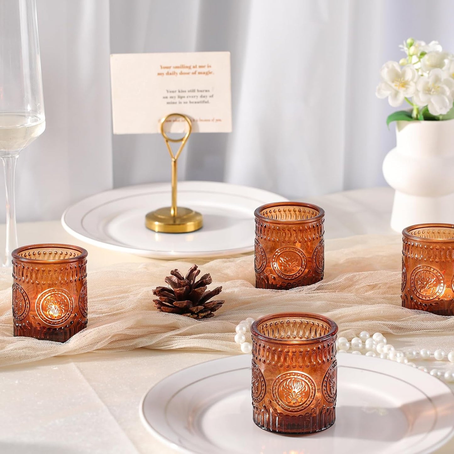 24 Pcs Amber Votive Candle Holders, Glass Tealight Candle Holders for Home Decor, Wedding Table Centerpiece, Birdal Shower, Party