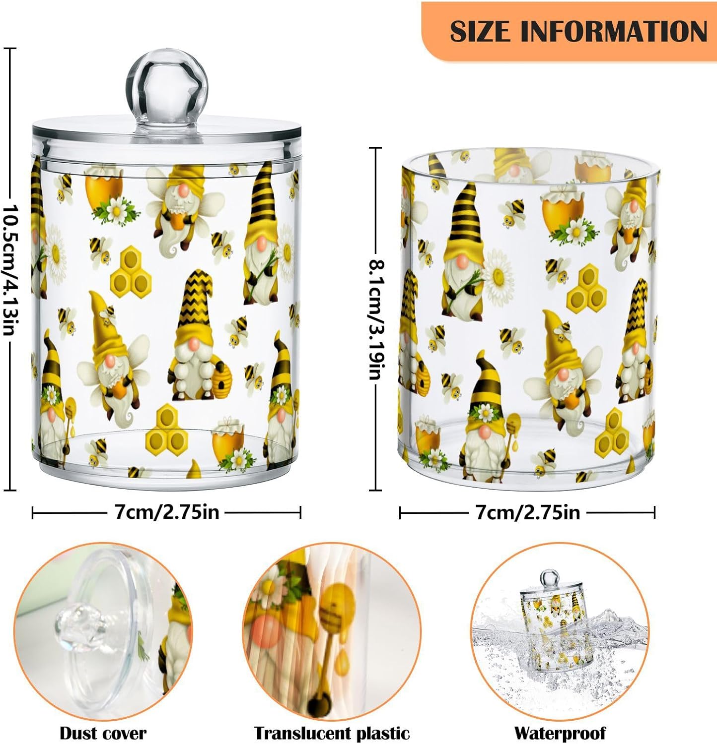 Qtip Holder Dispenser 2 Pack Gnome Bees Flying Dwarf Daisy Apothecary Jars with Lids Bathroom Vanity Countertop Canister Storage Organizer for Cotton Ball,Swabs,Pads,Floss