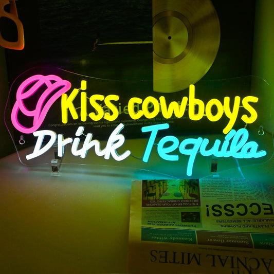 Kiss Cowboy Drink Tequila Neon Sign Bar Led Neon Light Save Water Drink Tequila Neon Signs For Wall Decor Home Beer Bar Club Man Cave Party Decorations Gifts