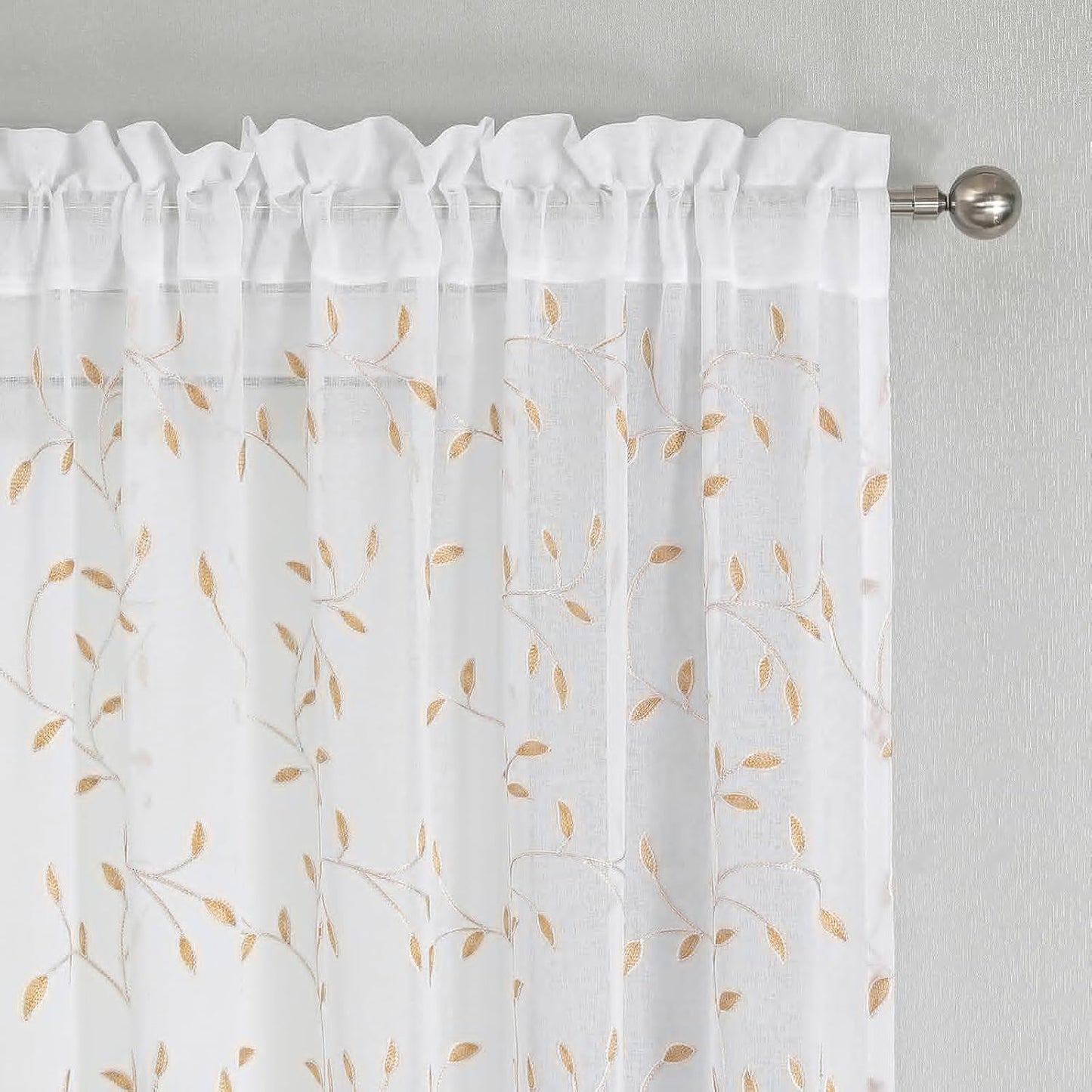 VISIONTEX White Sheer Voile Curtains, Decorative Orange Leaves Embroidery Faux Linen Rod Pocket Window Drapes for Home Kitchen, Living Room and Bedroom 54 x 108 Inch, Set of 2 Curtain Panels