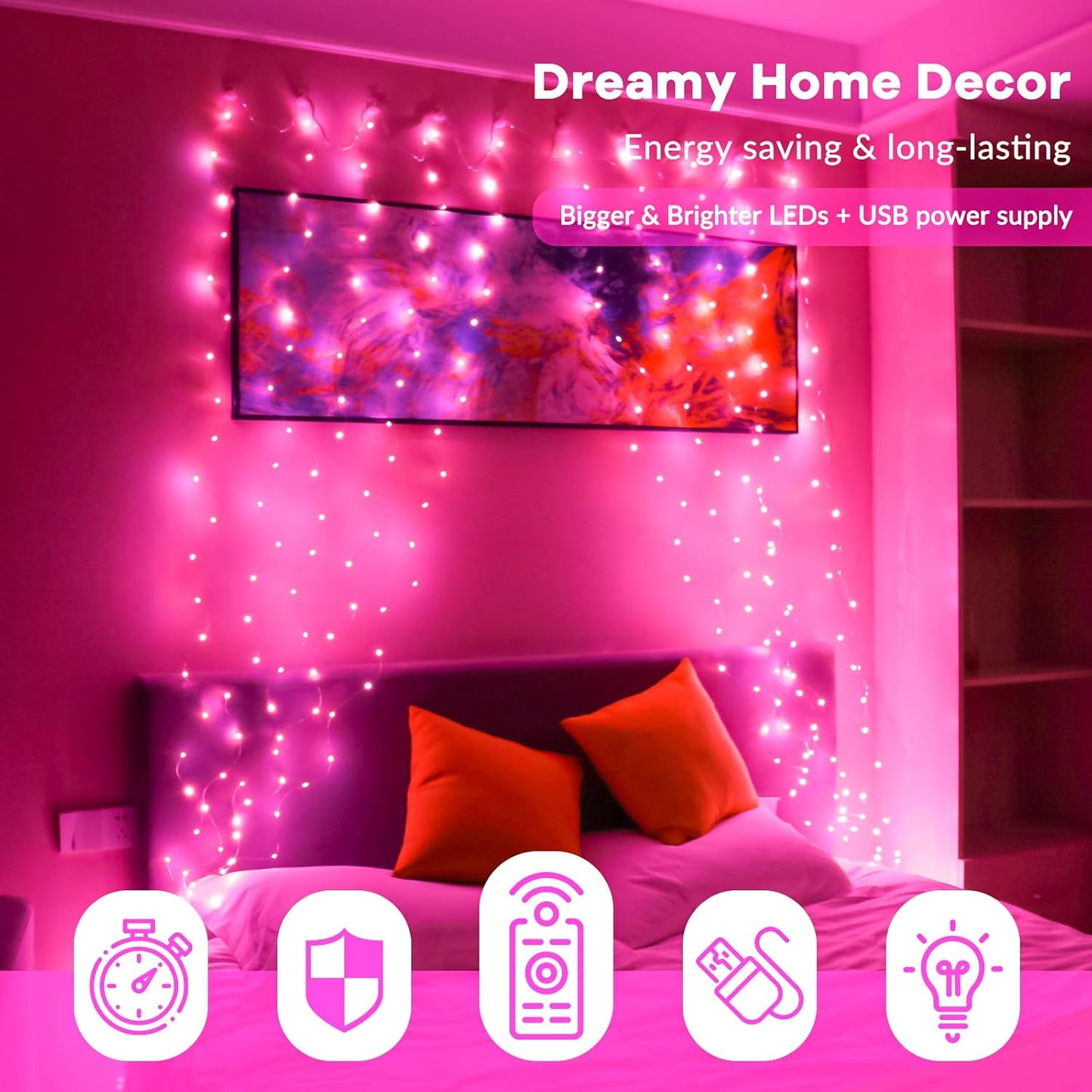 HXWEIYE 300LED Fairy Curtain Lights, 9.8x9.8Ft USB Plug-in 8 Modes Christmas String Hanging Lights with Remote for Bedroom Backdrop Wedding Party Indoor Wall Decor, Pink