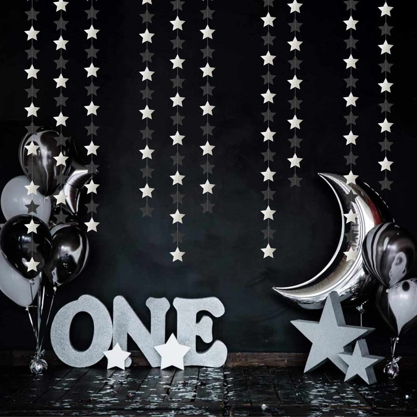 Black-Silver Birthday Graduation Party-Decorations Garland - 62ft Glitter Twinkle Little Star Hanging Streamers Banner Decor,Bachelorette Wedding Baby Bridal Shower New Years Supplies Backdrop Hugtmr