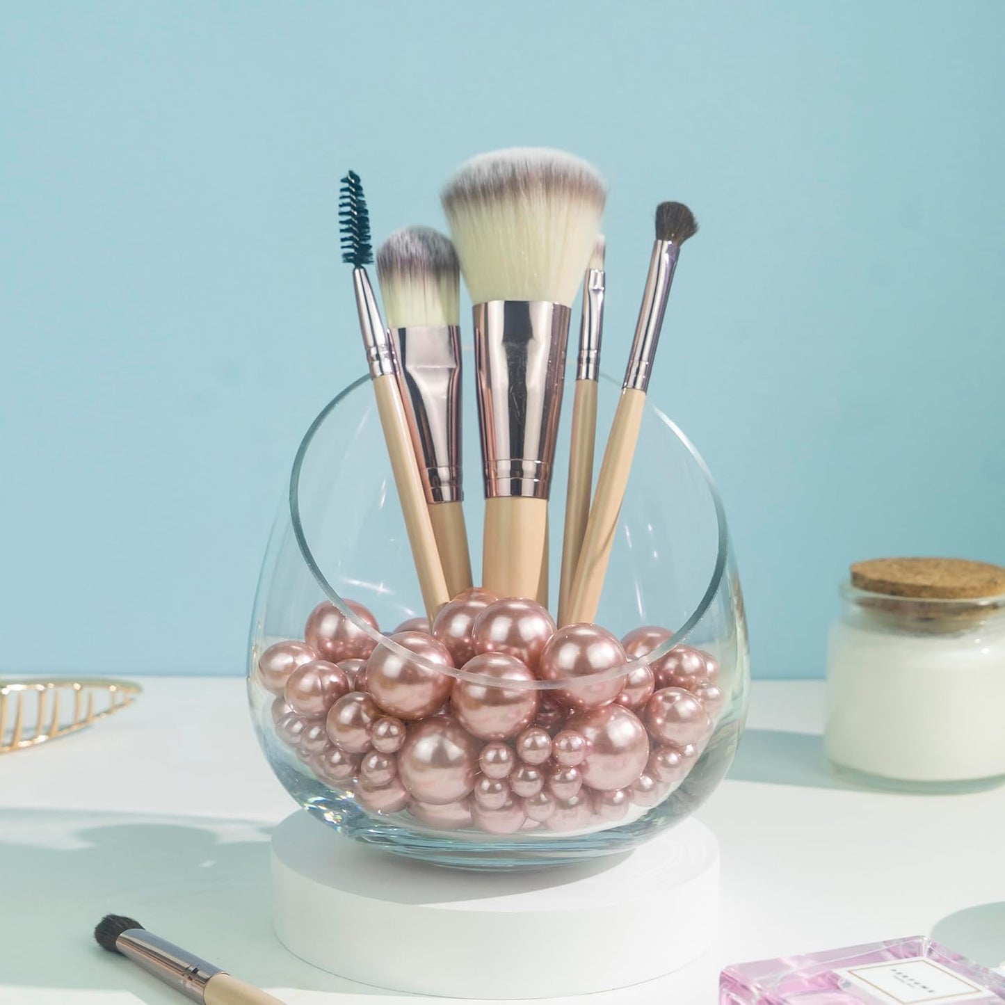 300Pcs Rose Gold Polished No Hole Faux Pearl Beads for Vase Filling Decorations, Plastic Pearls Vase Fillers, Table Scatters, Wedding Centerpiece, Home Decor, 8/14/20 mm