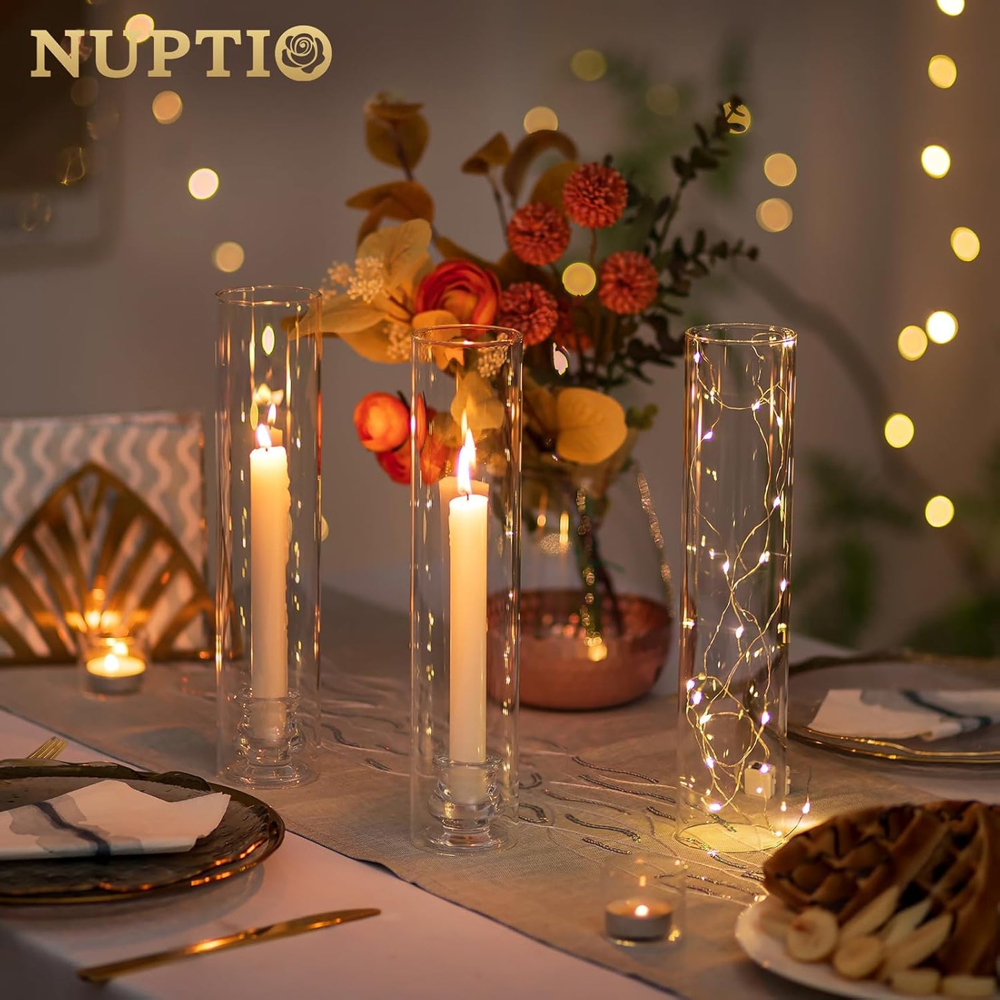 NUPTIO Candle Stick Candle Holder: Set of 6 Glass Hurricane Taper Candleholder - Bulk Candlestick Stand with Tall Cylinder Chimney for Thanksgiving Christmas Holiday Table Decoration