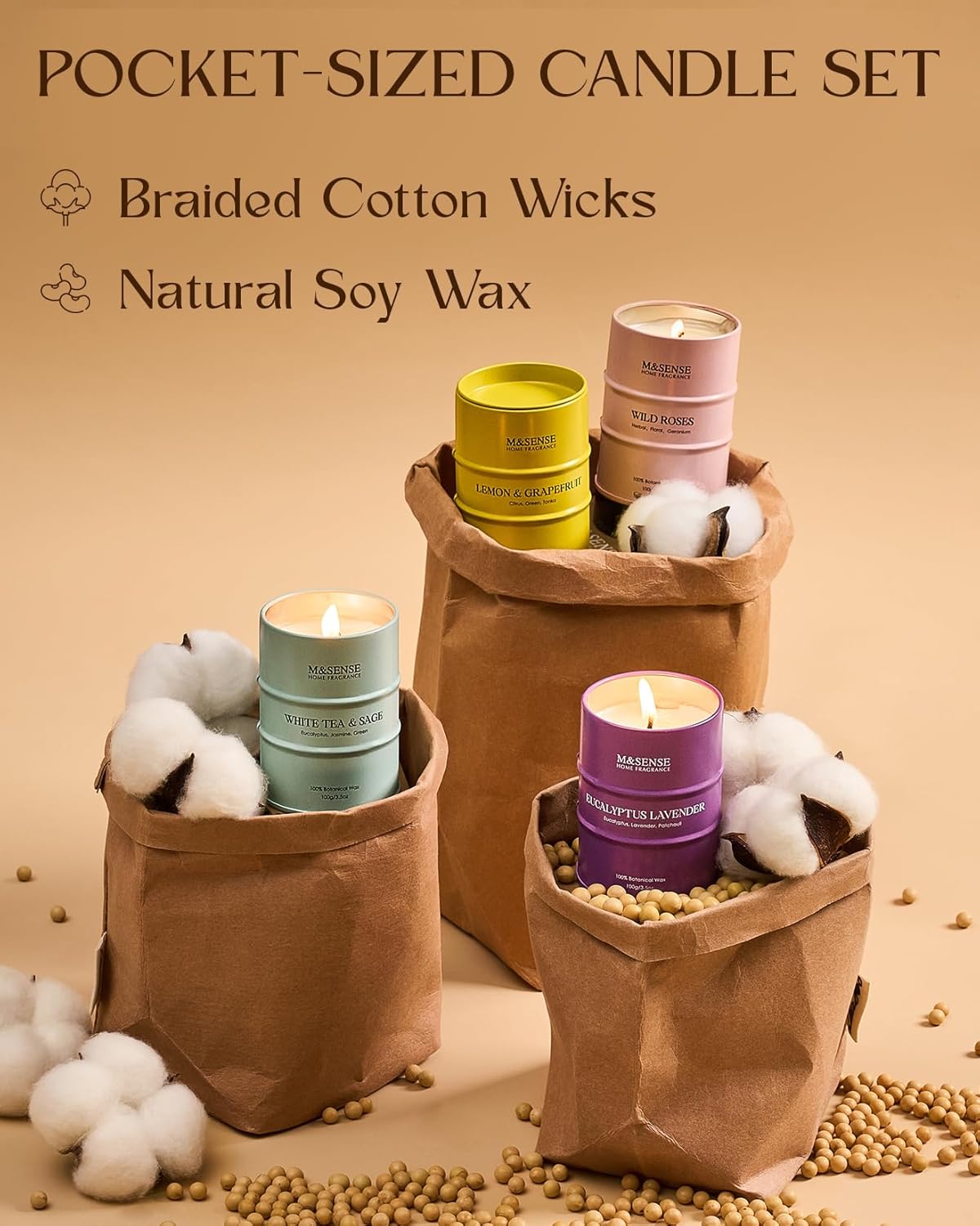 Fall Candles Set | Mini Scented Candles Gift Set | 4 Pack Candles for Home Scented Candle,Citrus Lemon Lavender Rose Sage Candle,Gift Set for Women and Men,Soy Wax 14 oz 86 Hour