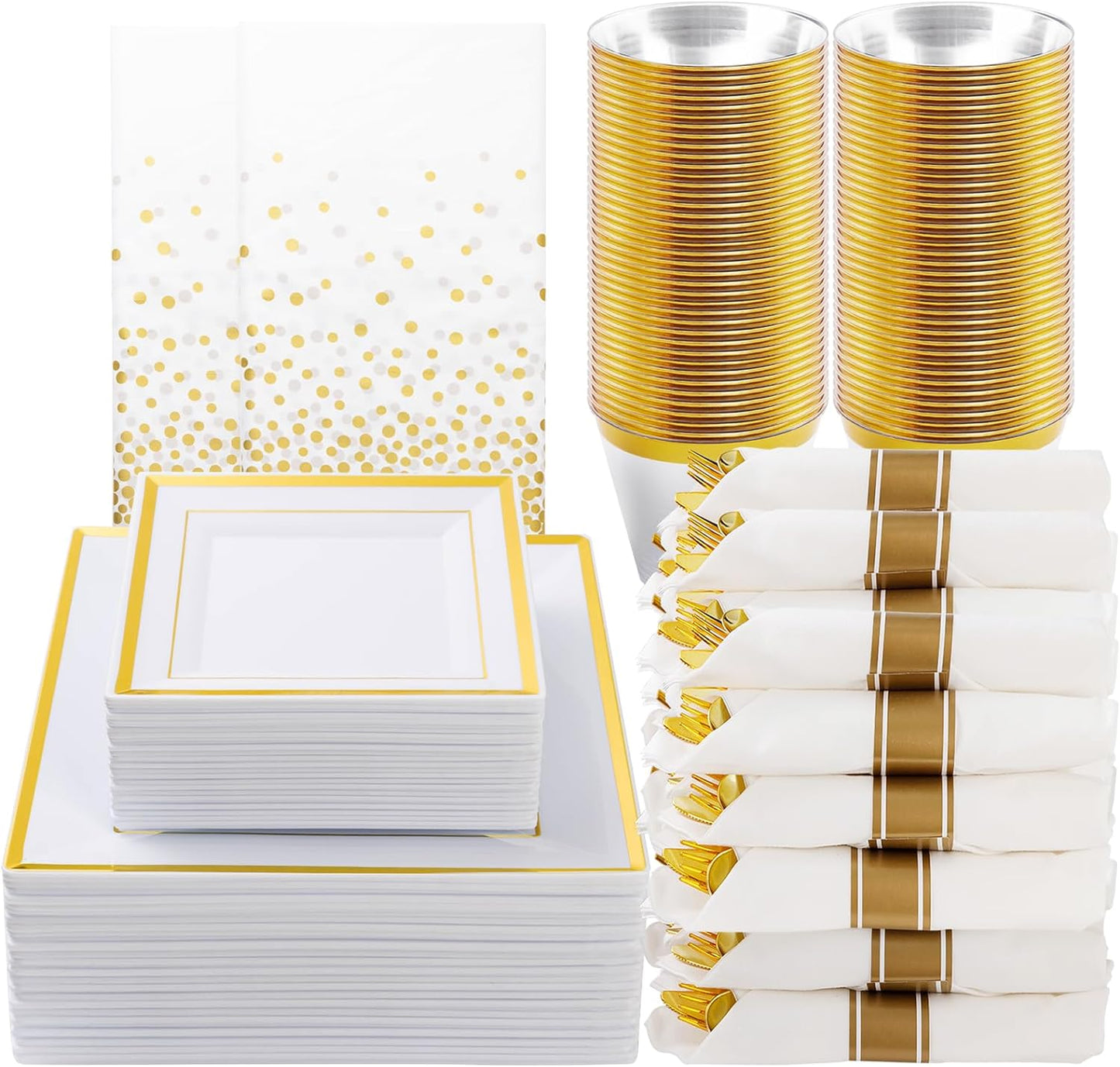Goodluck 352 Piece Gold Dinnerware Set for 50 Guests, Thanksgiving Square Plastic Plates with Gold Trim, Include: 100 Plastic Plates, 50 Rolled Napkins, 50 Cups, 50 Cutlery Set and 2 Tablecloth