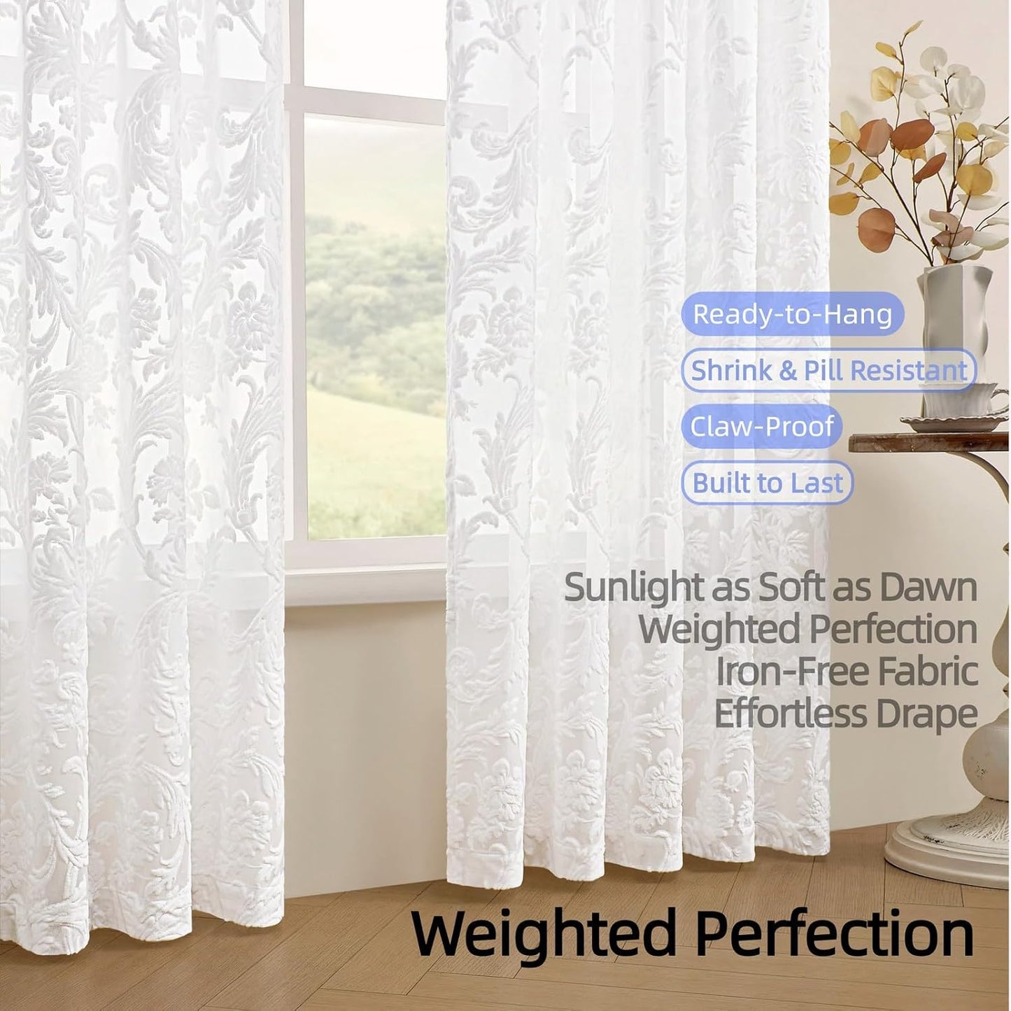 White Sheer Curtains for Living Room Boho Rod Pocket Light Filtering Curtain Drapes 95 inches Long 2 Panels Set with Floral for Bedroom 3D Flocked Texture & Rococo Motifs Window Curtains 52"W*95"L