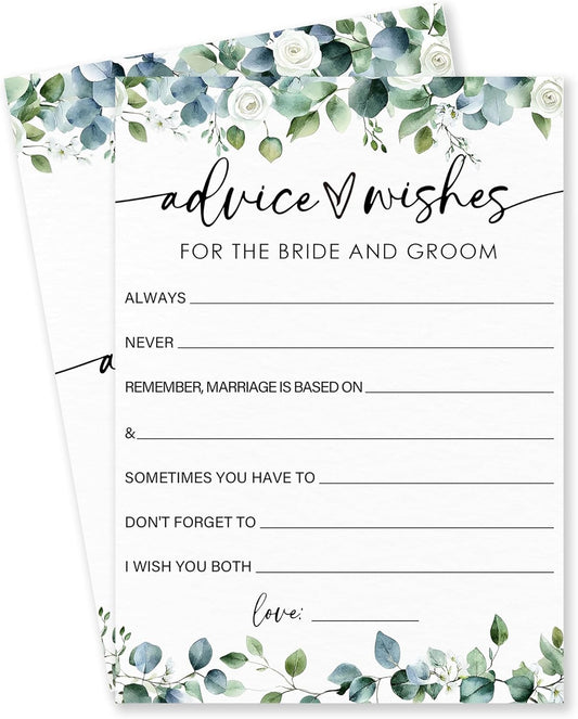 Advice & Wishes - Botanical Bridal Shower Game Cards - 50 Pcs Eucalyptus Leaves Game Cards - Funny Wedding Party Games for Bride & Groom - Activities for Bachelorette Party - A02