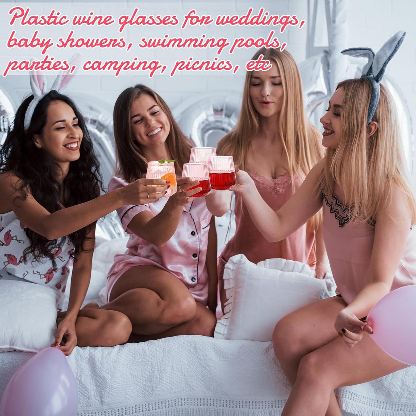 Suclain 50 Pcs Plastic Wine Glasses Pink Ribbed Stemless Wine 14oz Vertical Design Unbreakable Cups for Outdoor Indoor Vintage Elegant Champagne Whiskey Glasses for Christmas Party Wedding