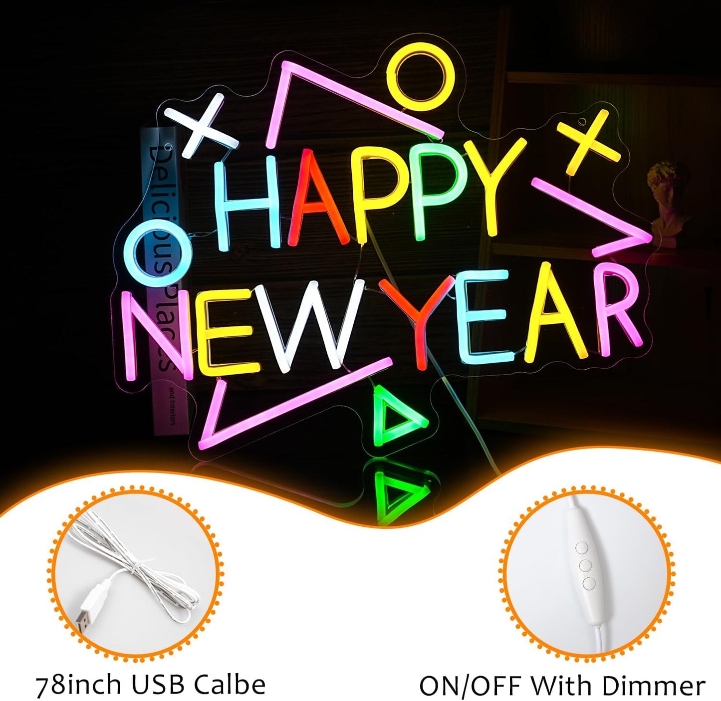 Happy New Year Neon Sign Exquisite And Beautiful New Year LED Light Up Sign for Decor Dimmable USB Powered New Year Neon Light Sign for New Year Celebrate Party Home Room Business Wall Decor (16.5*12.6 In Multicolored)