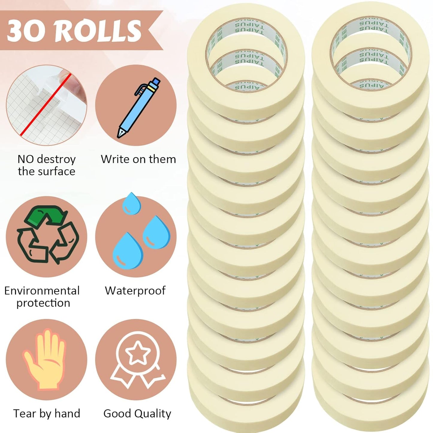 Masking Tape Bulk General Purpose Masking Painting Tape 55 Yards for Painting Home Office School Stationery Arts Crafts Basic Use, Easy Removal(30 Rolls,0.8 Inch)