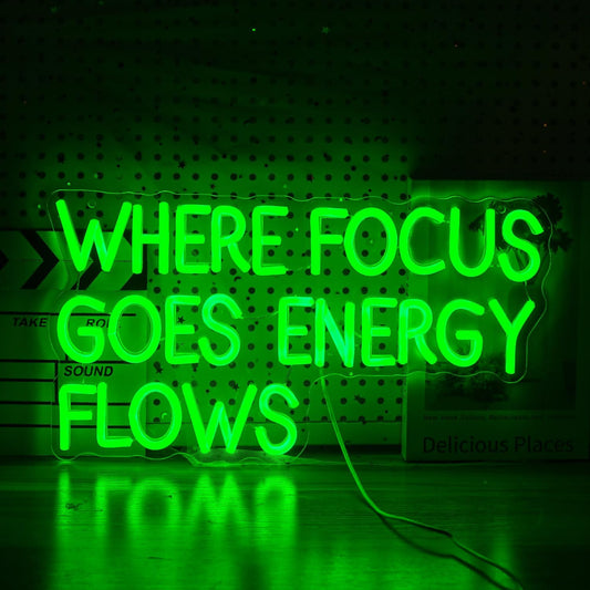 Where Focus Goes Energy Flows Neon Sign 16.5 * 9.1In Dimmale Green Light Up Sign for Wall Decor Led Words Neon Light for Bedroom Party Bar Personzalized Gift (USB Powered)