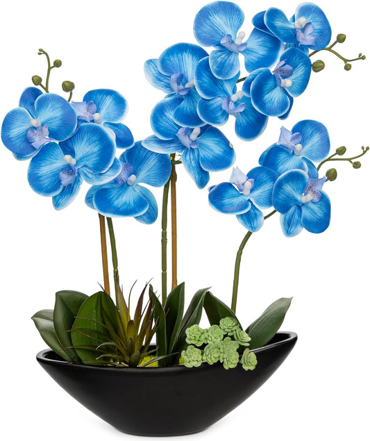 Briful Blue Orchid Fake Flowers 17in Artificial Orchid Silk Flowers in Black Pot Faux Orchid Arrangement for Home Office Bathroom Table Shelf Modern Decoration