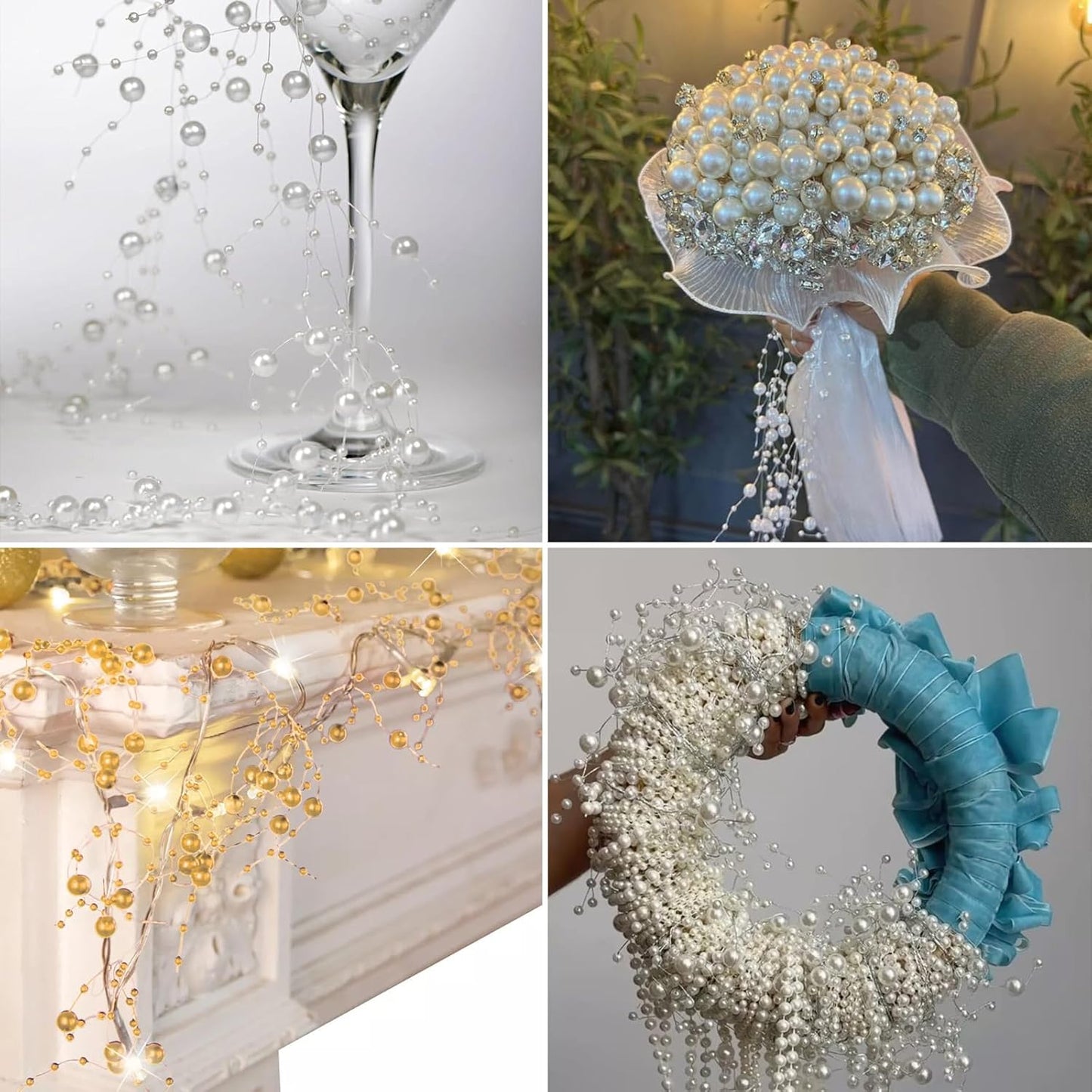 98FT Pearl Beads String Garland, 8mm 3mm Ivory Faux Pearl Beads Roll Strand Bulk for Wedding Party Flower Christmas Decoration DIY Craft