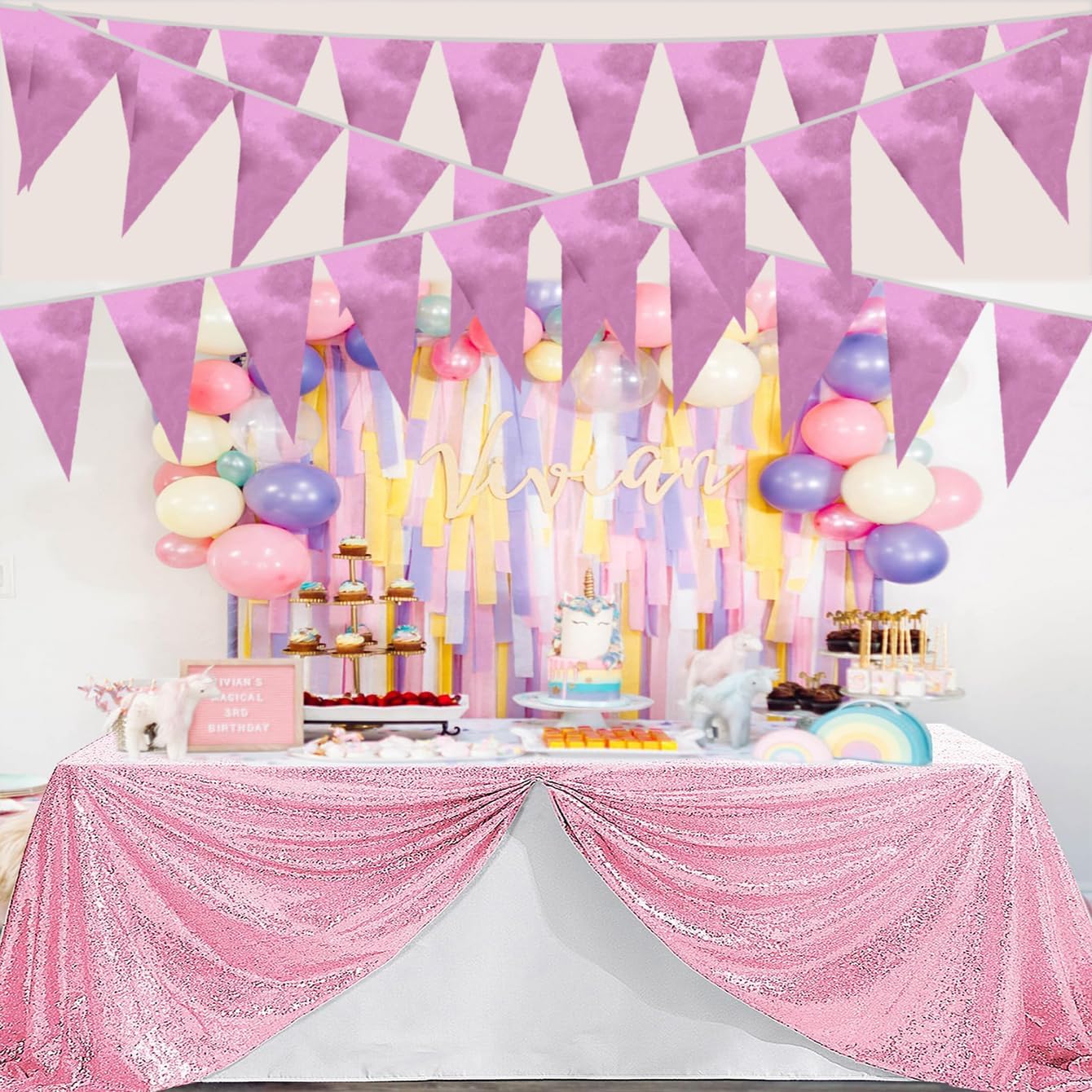 20M/65FT Pink Triangle Pennant Banner Flag Metallic Fabric Bunting Garland for Christmas Graduation Wedding Engagement Anniversary Bachelorette Birthday Bridal Shower Valentines Hen Party Supplies