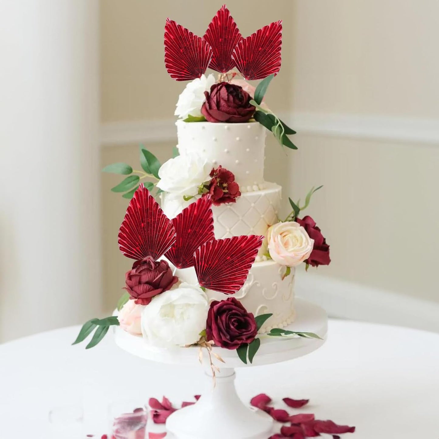 Ephlyn 6Pcs Paper Palm Leaves Fan Cake Toppers Palm Leaf Fan Cake Picks Craft DIY Fan Cupcake Toppers Palm Spear Leaves Cake Decorations for Baby Shower Wedding Birthday Party Supplies Bright Red