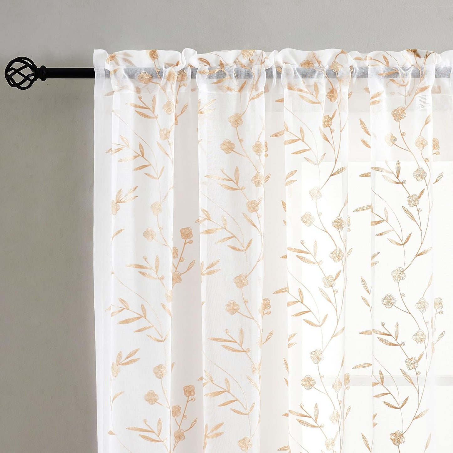 Sheer Curtains White-Beige 95 Inches, Embroidery Floral Pattern Window Treatments Rod Pocket Drapes for Living room, Bedroom, Semi Voile Curtain Panels for Patio, Villa, Parlor, Set of 2, 52"x 95".