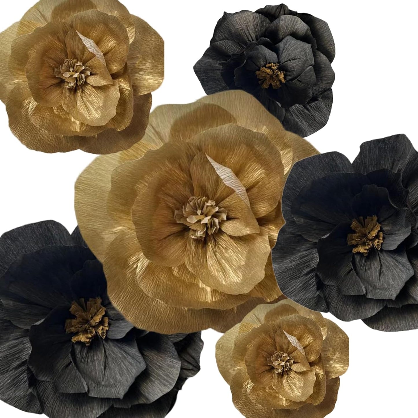 BRT Bearingshui Crepe Paper Flowers Decoration for Wall Total 6 Pcs, Artificial Flowers for Wedding Decor,Flower Backdrop Decor, Baby Bridal Shower Birthday Party, Black Gold 3D Wall Flowers Decor